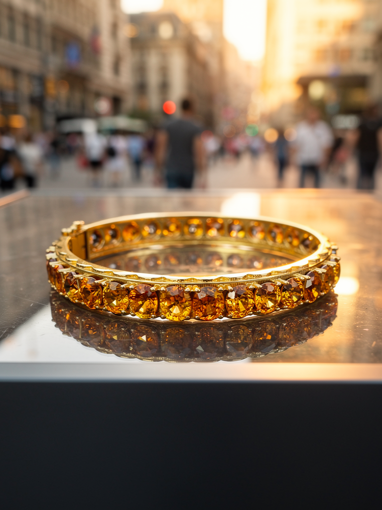 Cambodia Unheated Treated Zircon 12K Gold Bangle Bracelet Size 6.5 ( total Weight 49.70 Ct)