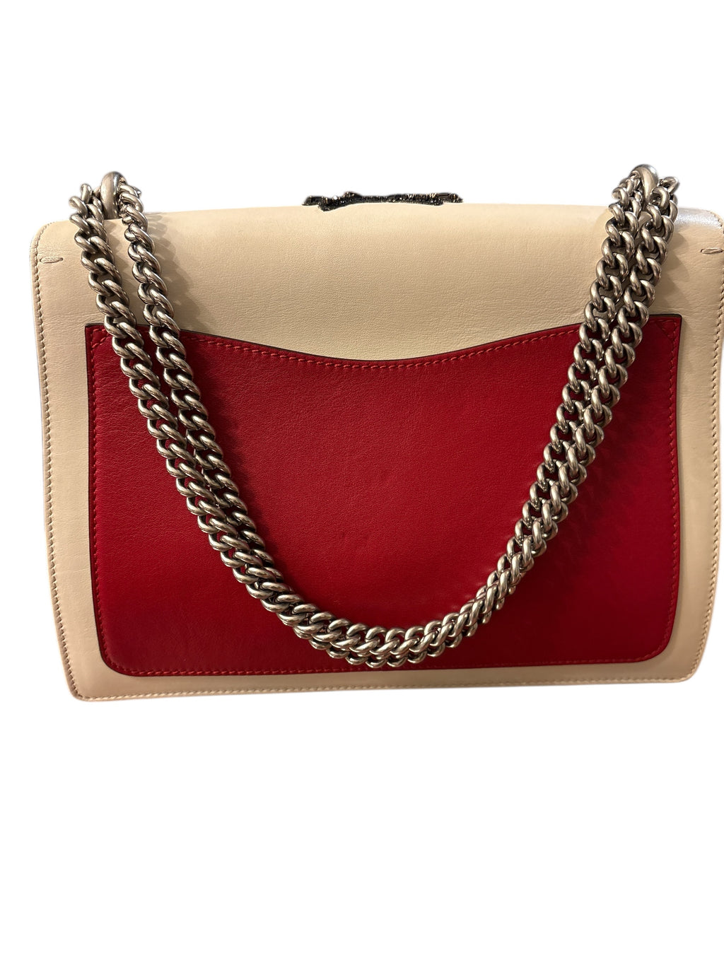 Gucci Duonyssos B Rhinestone Chain Shoulder Bag Leather Red White.