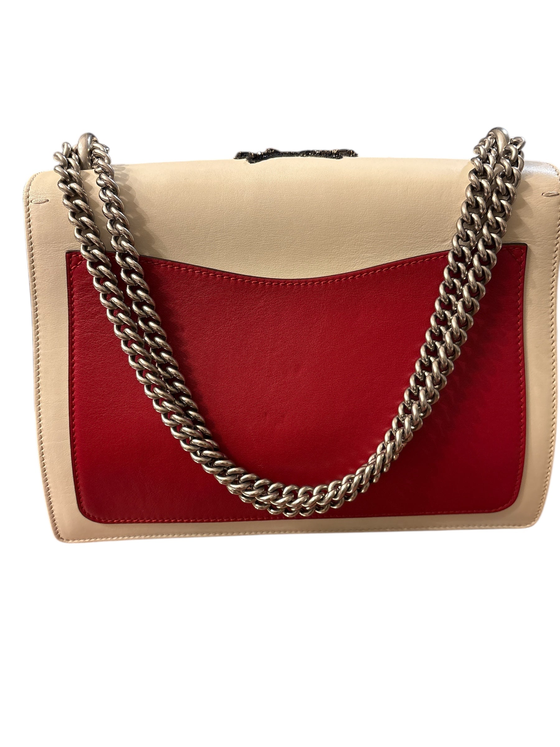 Gucci Duonyssos B Rhinestone Chain Shoulder Bag Leather Red White.