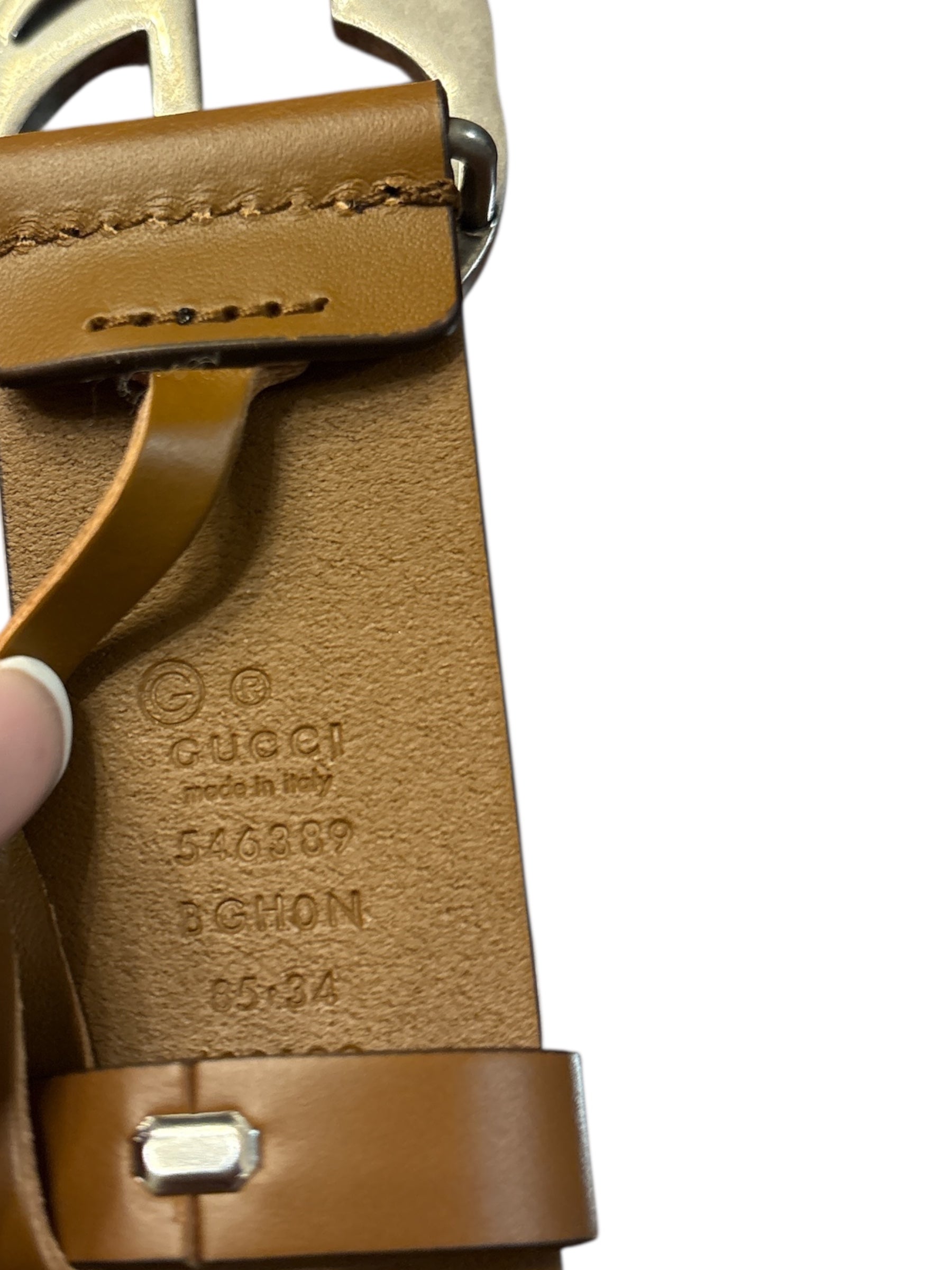 Gucci Brown Leather Silver Interlocking GG Belt Size #85