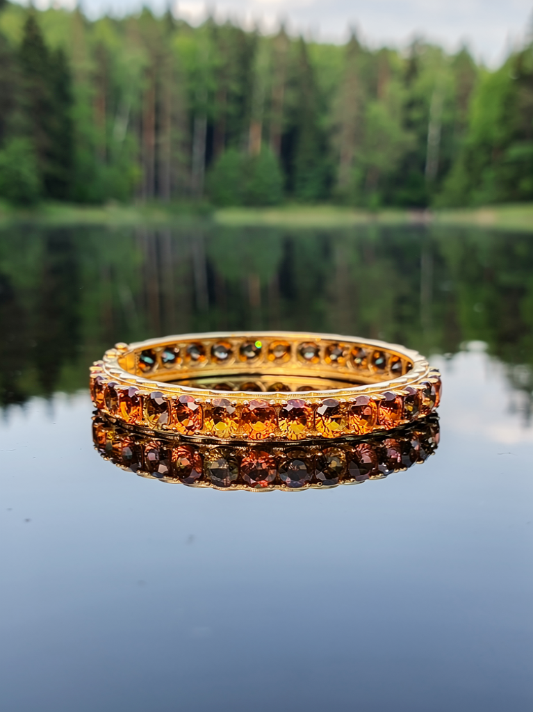 Cambodia Unheated Treated Zircon 12K Gold Bangle Bracelet Size 6.5 ( total Weight 49.70 Ct)