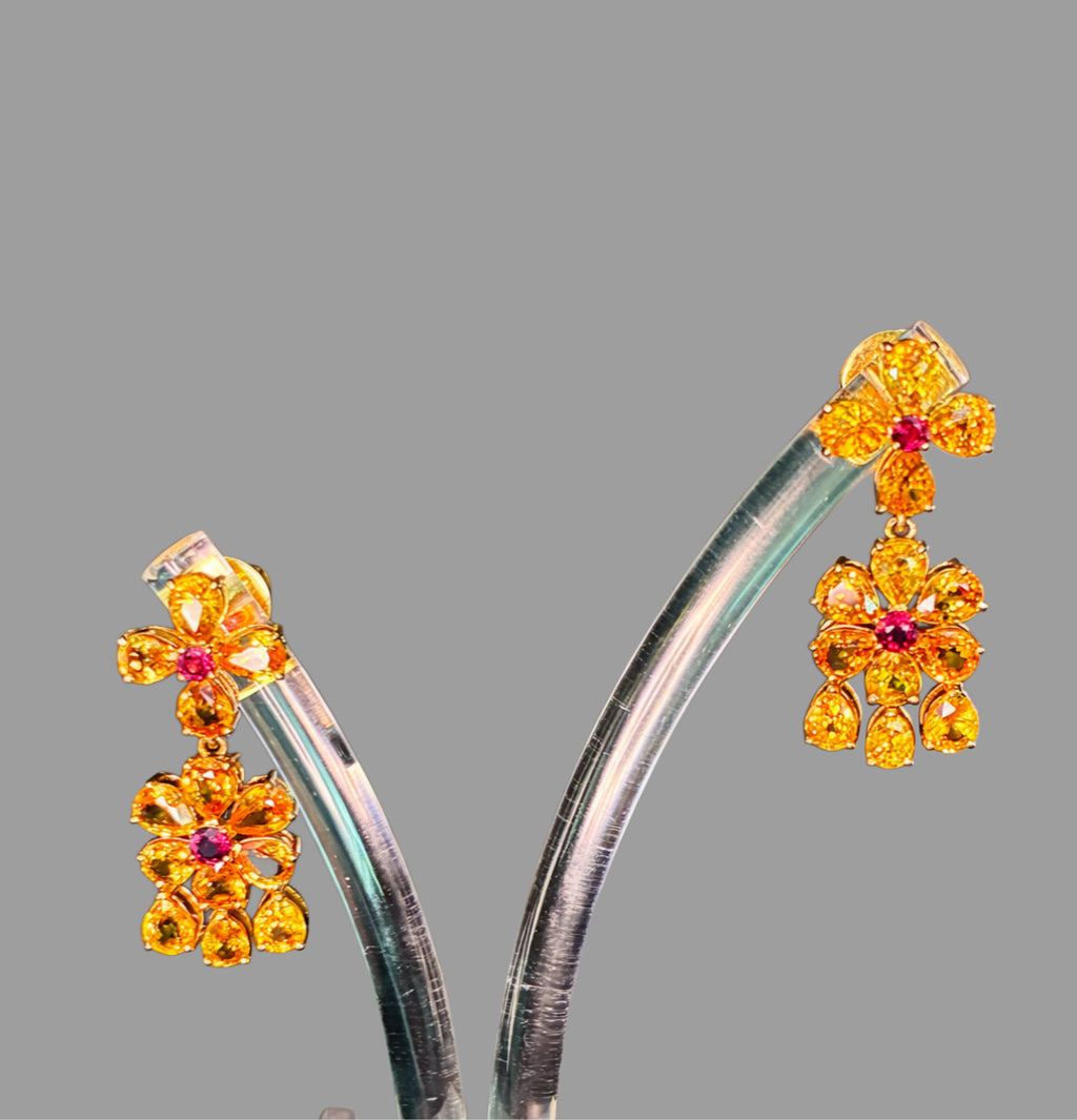 Yellow Sapphire And Ruby 17K Gold Drop Earring