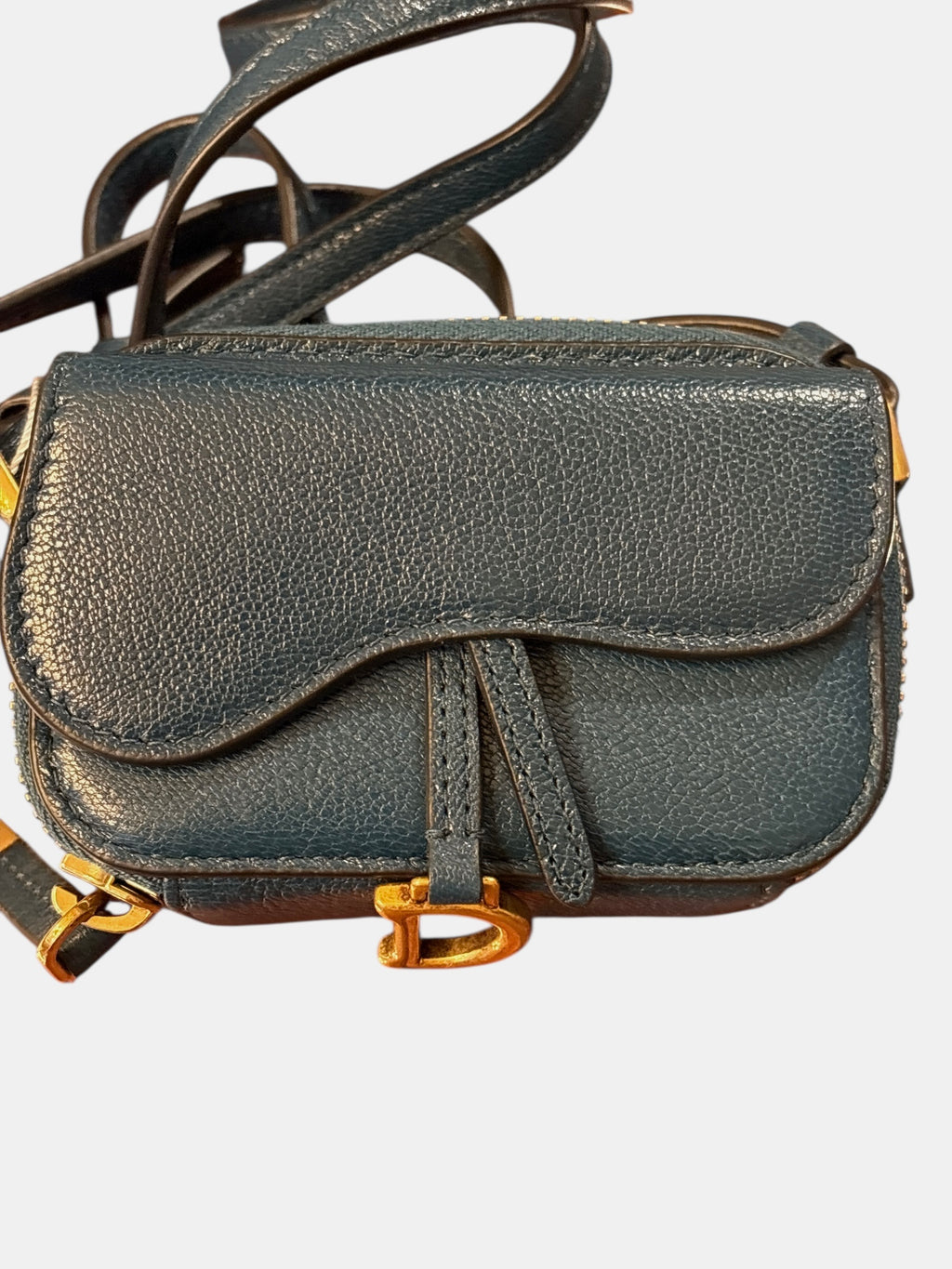 Christian Dior Saddle Shoulder Strap Pouch Goatskin Mini Blue.