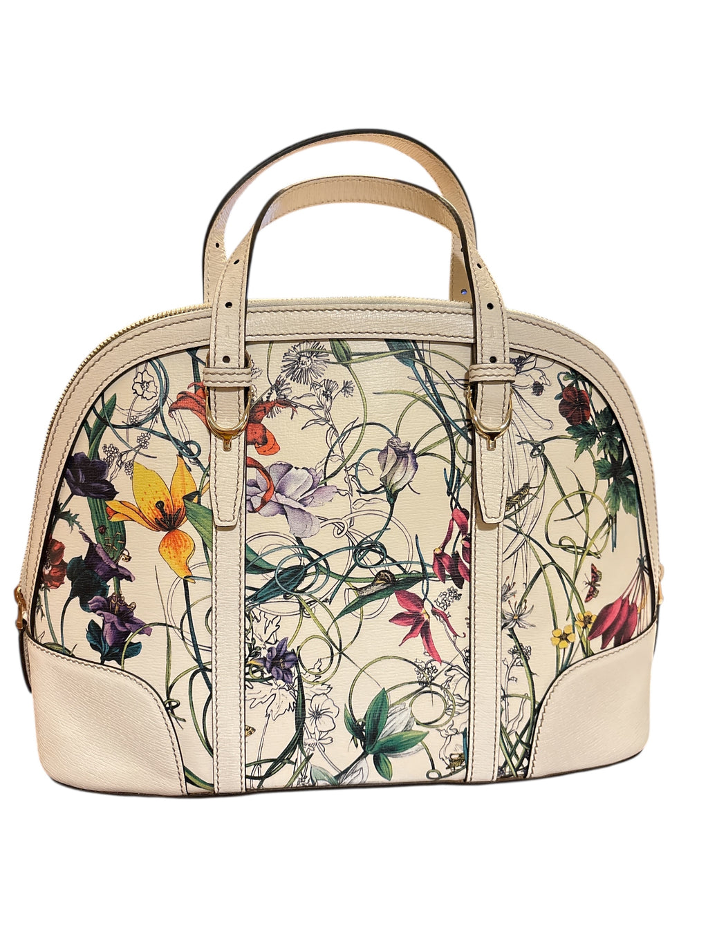 Gucci White Floral Tote Bag/ Gucci Beige Leather Zippy Wallet.