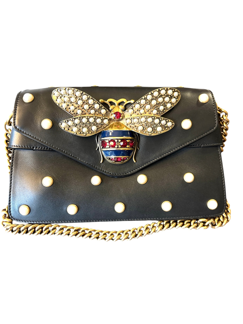 Gucci Broadway pearly Bee Shoulder Bag Embellished Leather Mini Black.