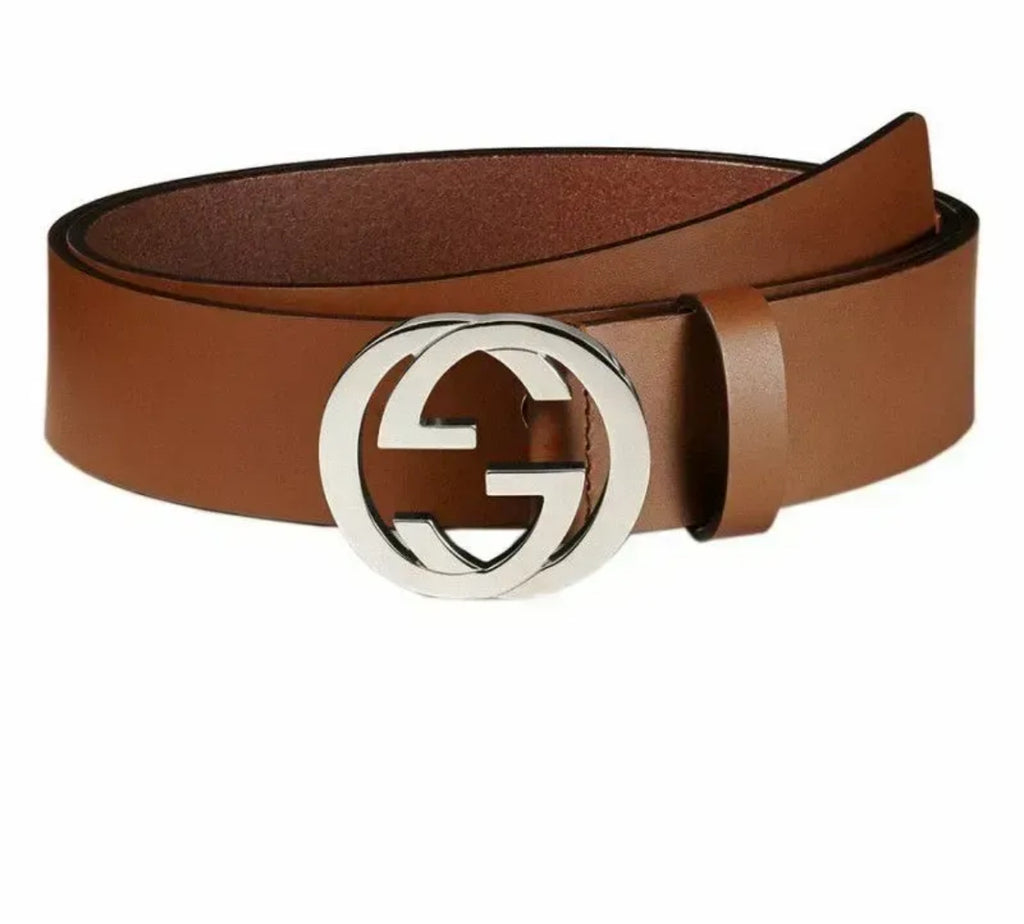 Gucci Brown Leather Silver Interlocking GG Belt Size #85