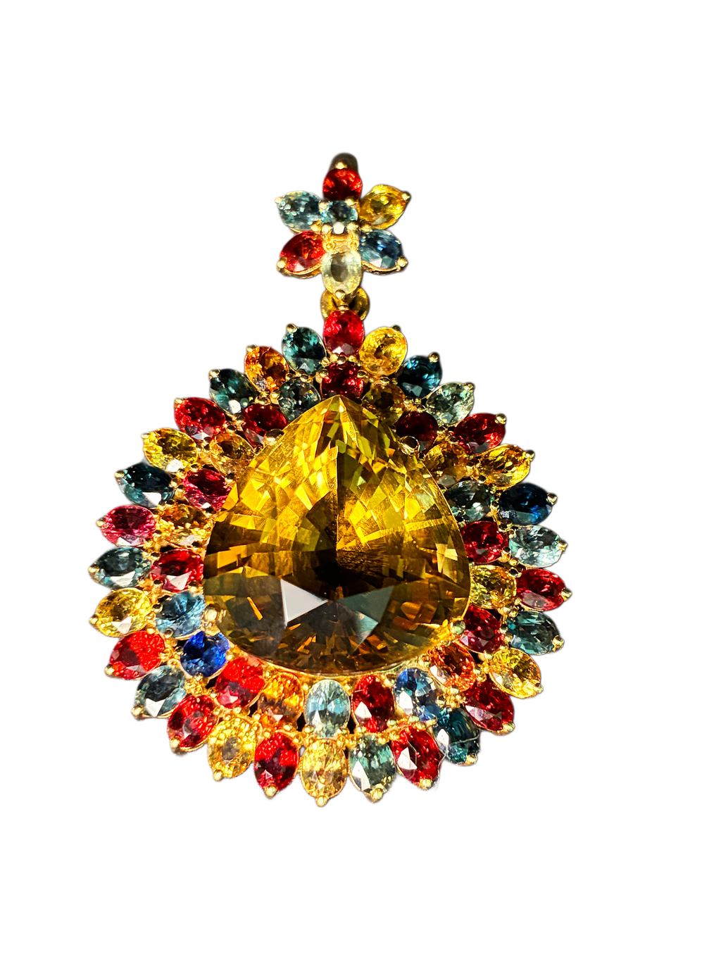 27.30 CT Citrine Mix With Multi Color Sapphire Pendant 2"x1.5" 12K Gold.