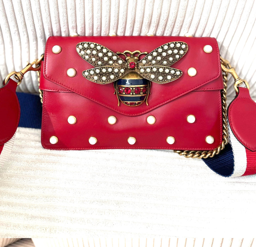 Gucci Broadway Pearly Bee Shoulder Bag Embellished Leather Mini Red.