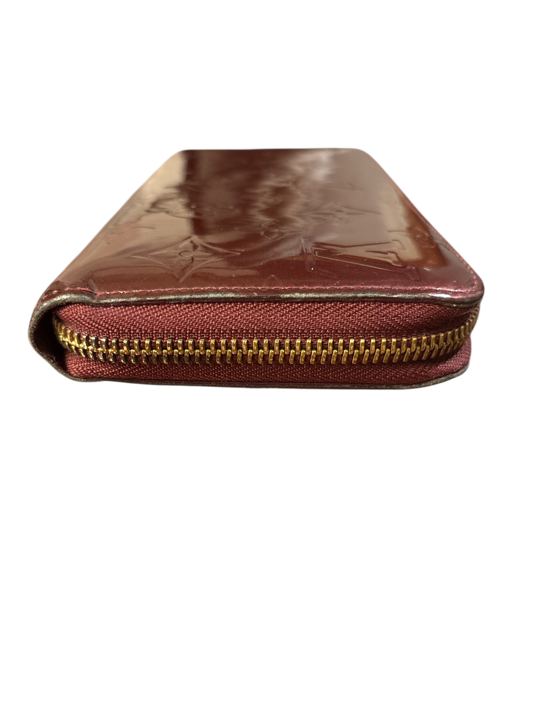 Louis Vuitton Vernis Burgundy Embossed Monogam Zipper.