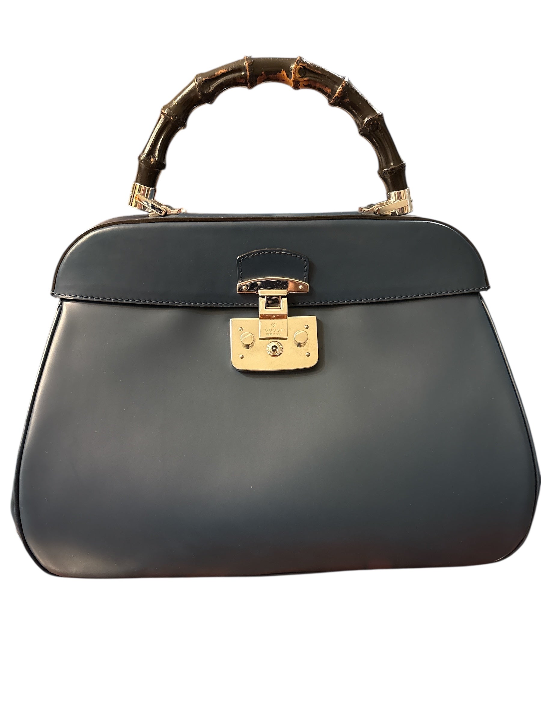 Gucci Blue Smooth Leather Lady Lock Bamboo Top Handle Bag.