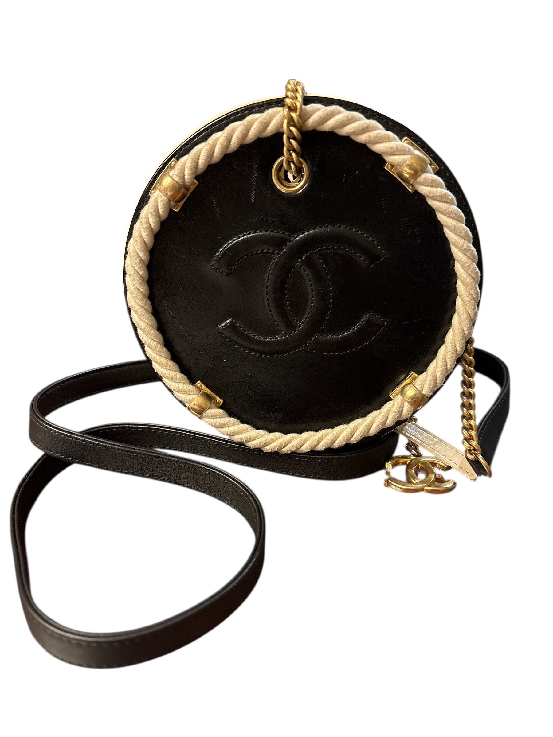 Chanel Black Crumpled Calfskin Cotton Small En Vogue Round Bag.