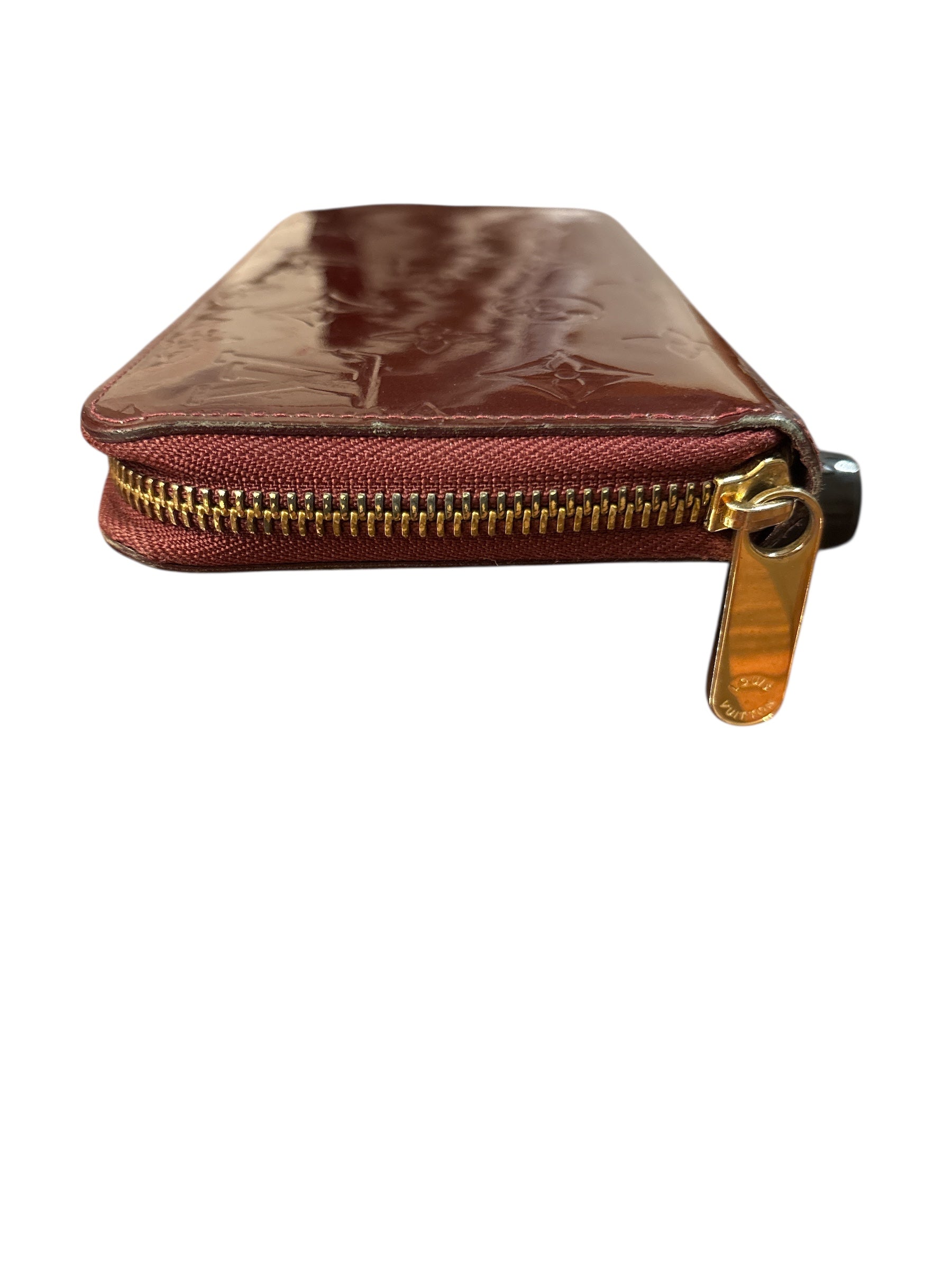 Louis Vuitton Vernis Burgundy Embossed Monogam Zipper.