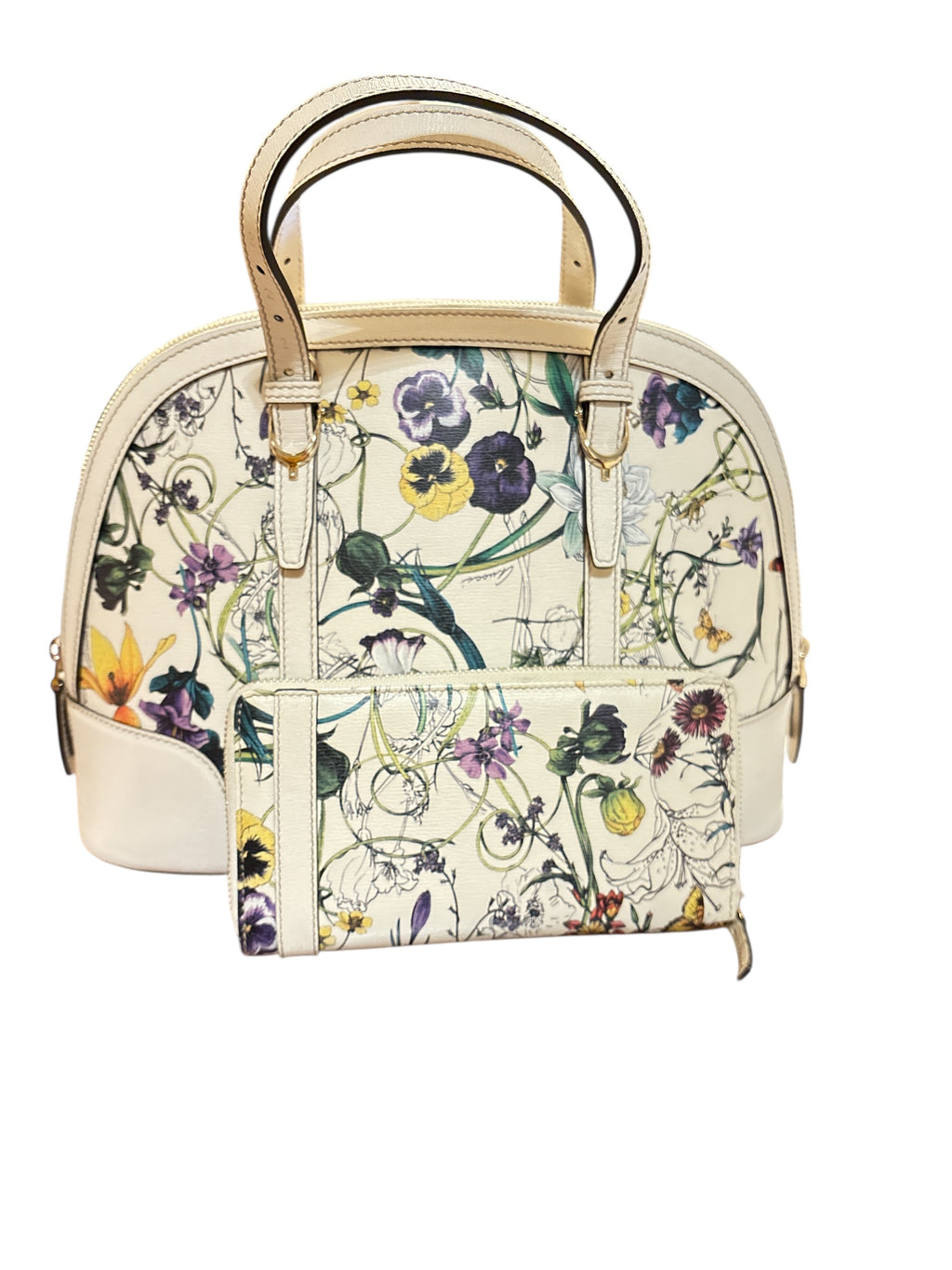 Gucci White Floral Tote Bag/ Gucci Beige Leather Zippy Wallet.