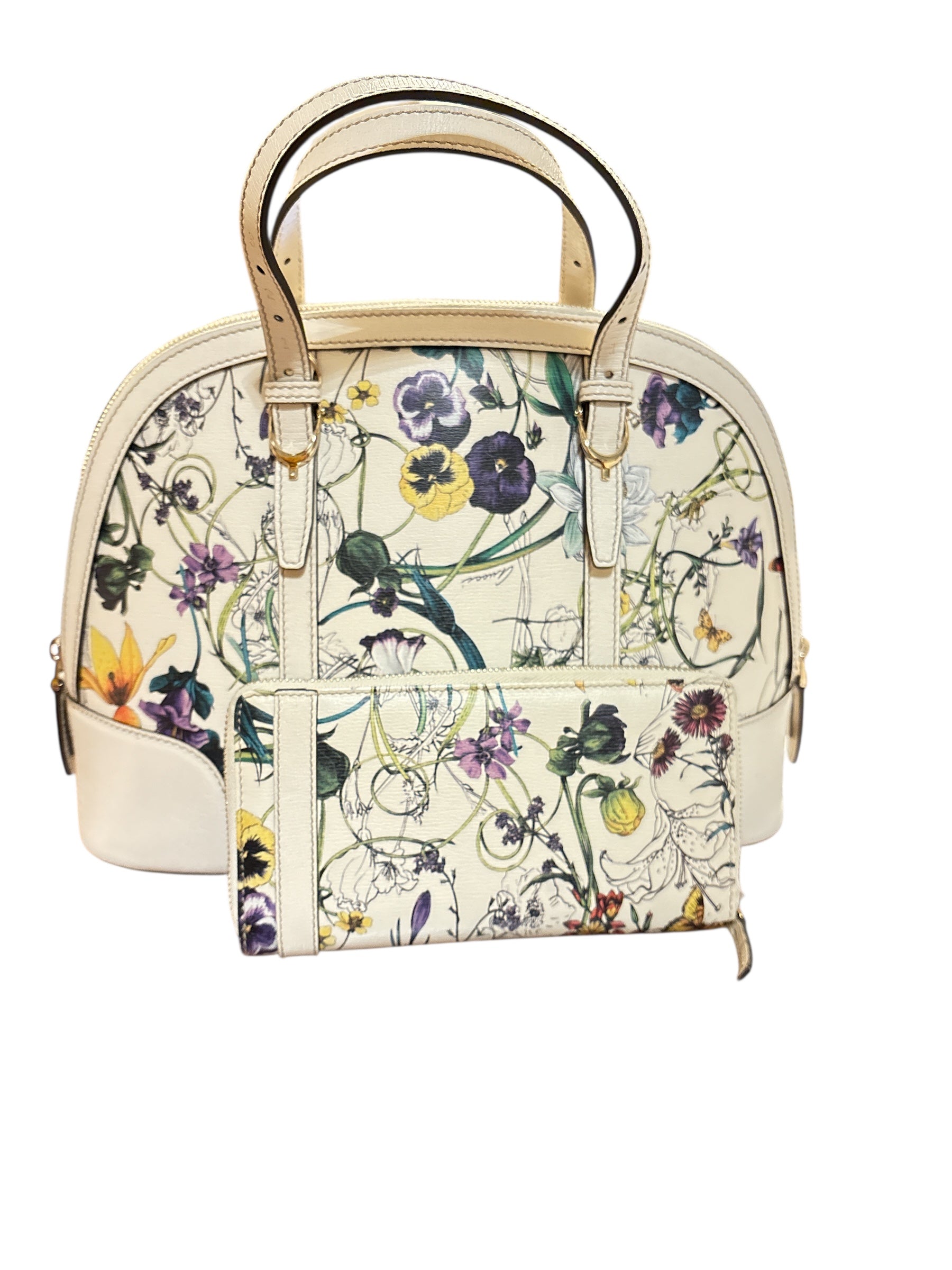 Gucci White Floral Tote Bag/ Gucci Beige Leather Zippy Wallet.
