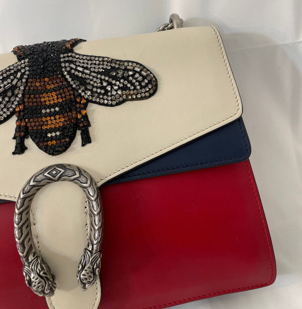 Gucci Duonyssos B Rhinestone Chain Shoulder Bag Leather Red White.