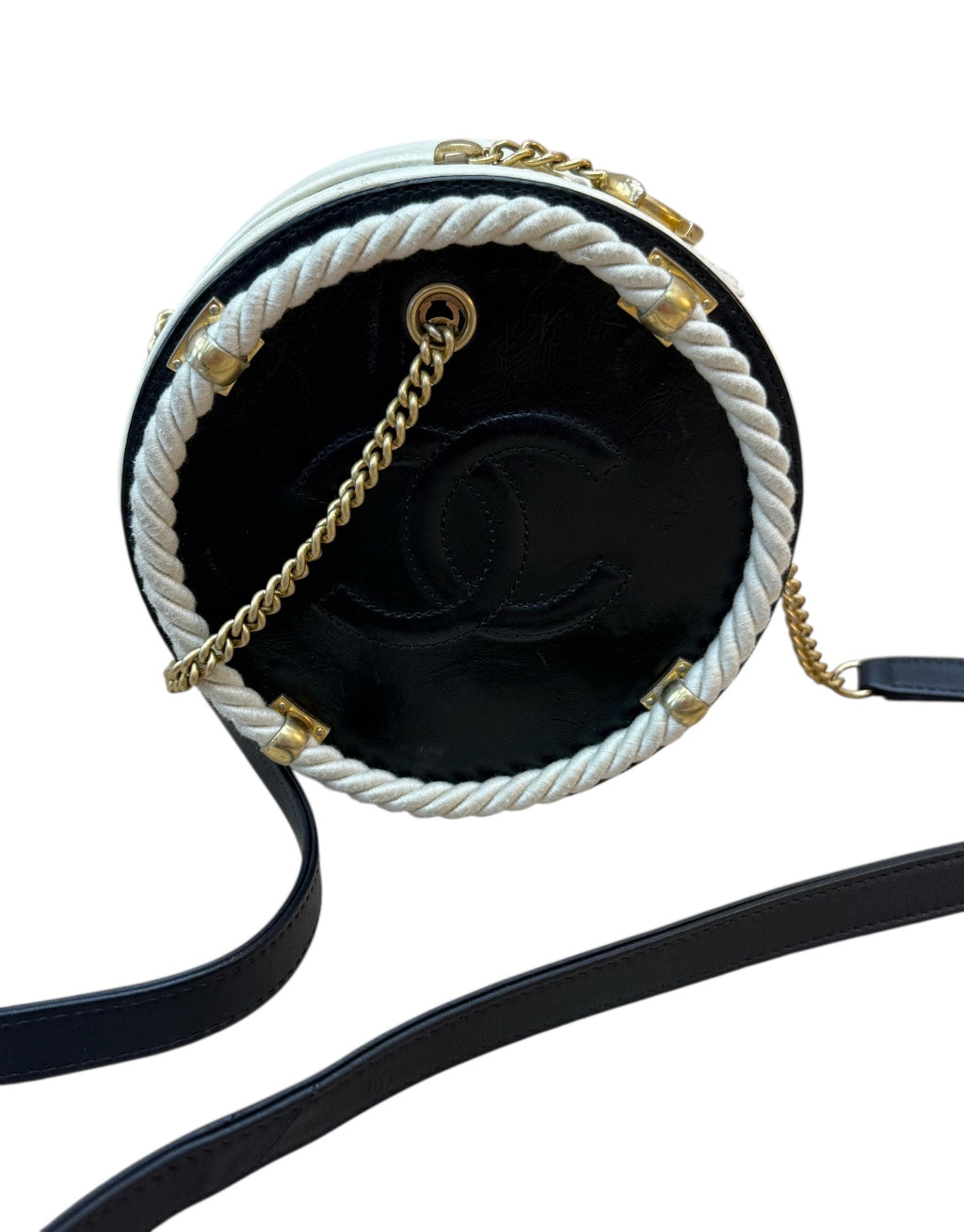 Chanel Black Crumpled Calfskin Cotton Small En Vogue Round Bag.