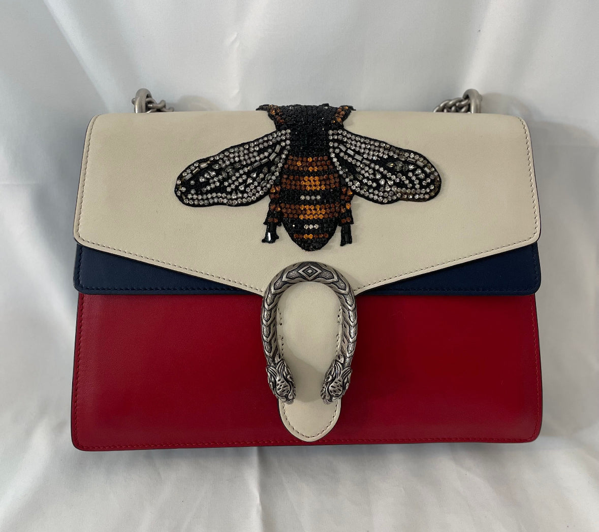 Gucci Duonyssos B Rhinestone Chain Shoulder Bag Leather Red White.