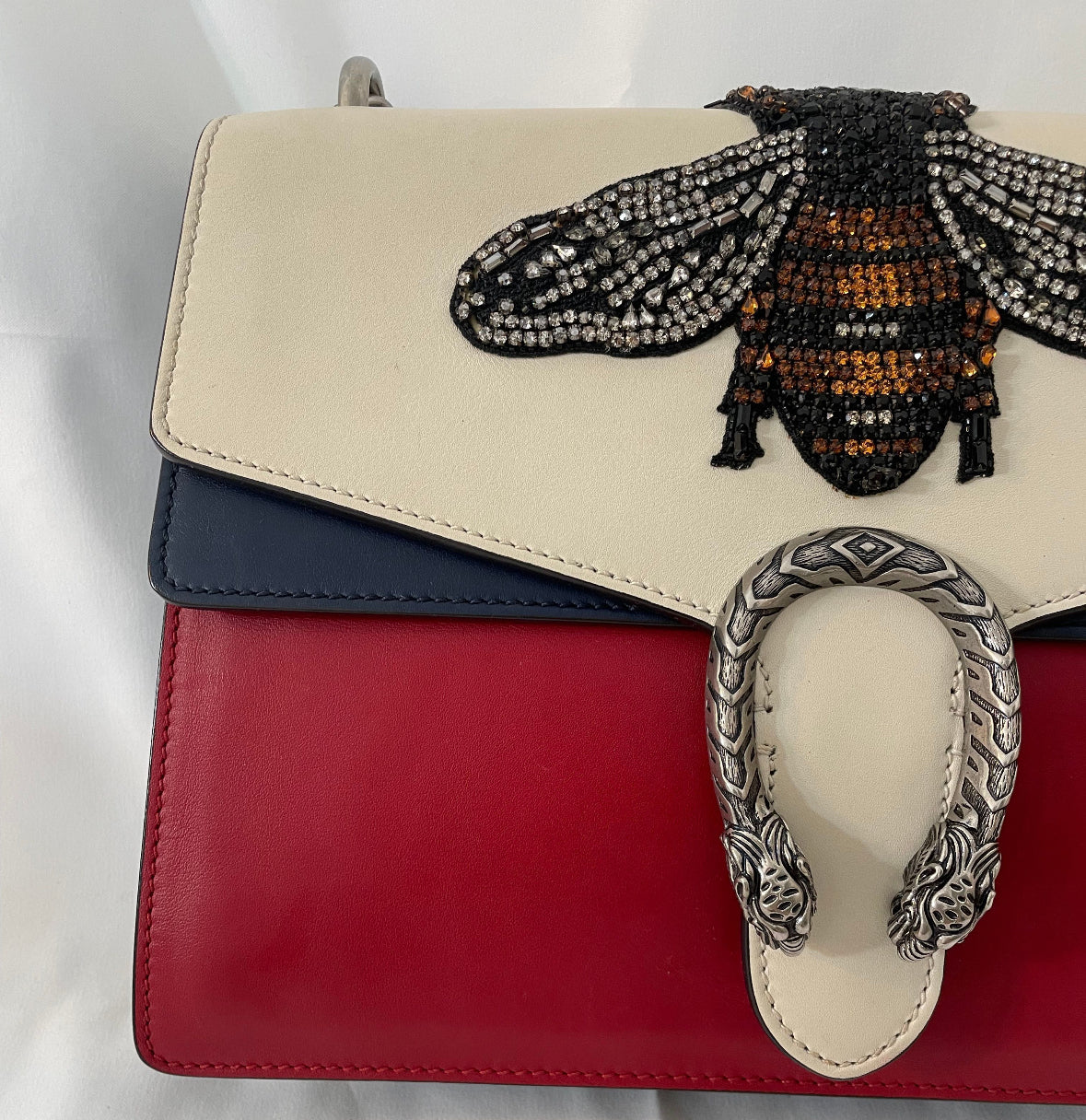 Gucci Duonyssos B Rhinestone Chain Shoulder Bag Leather Red White.