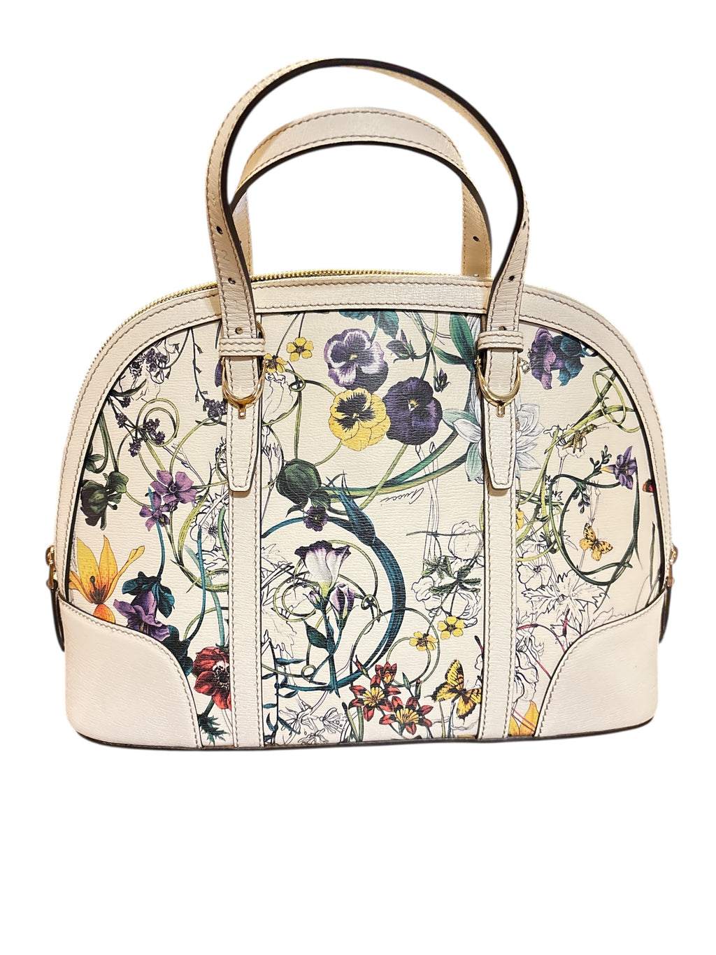 Gucci White Floral Tote Bag/ Gucci Beige Leather Zippy Wallet.