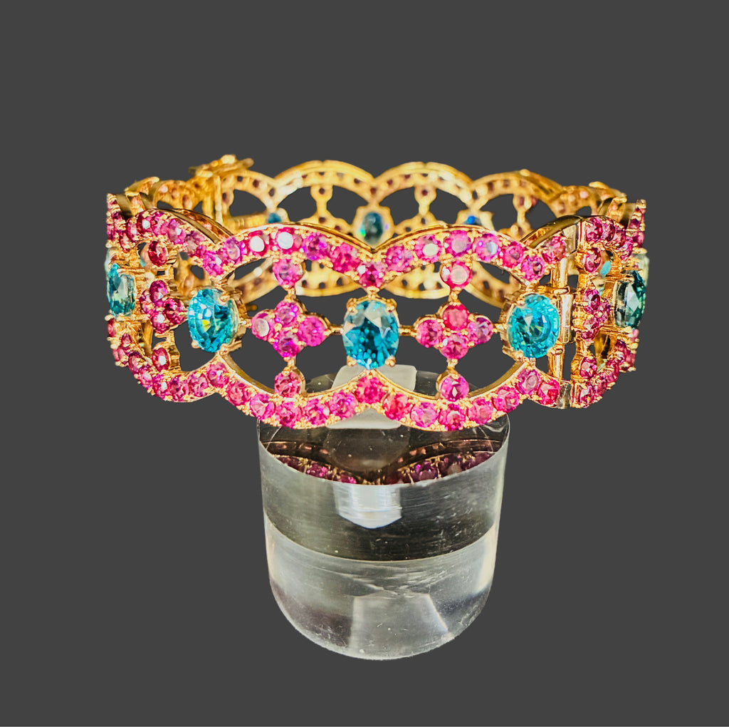 Cambodia Blue Zircon Mix With purple/Pink Garnet Bracelet Size 6.5 12K Gold.
