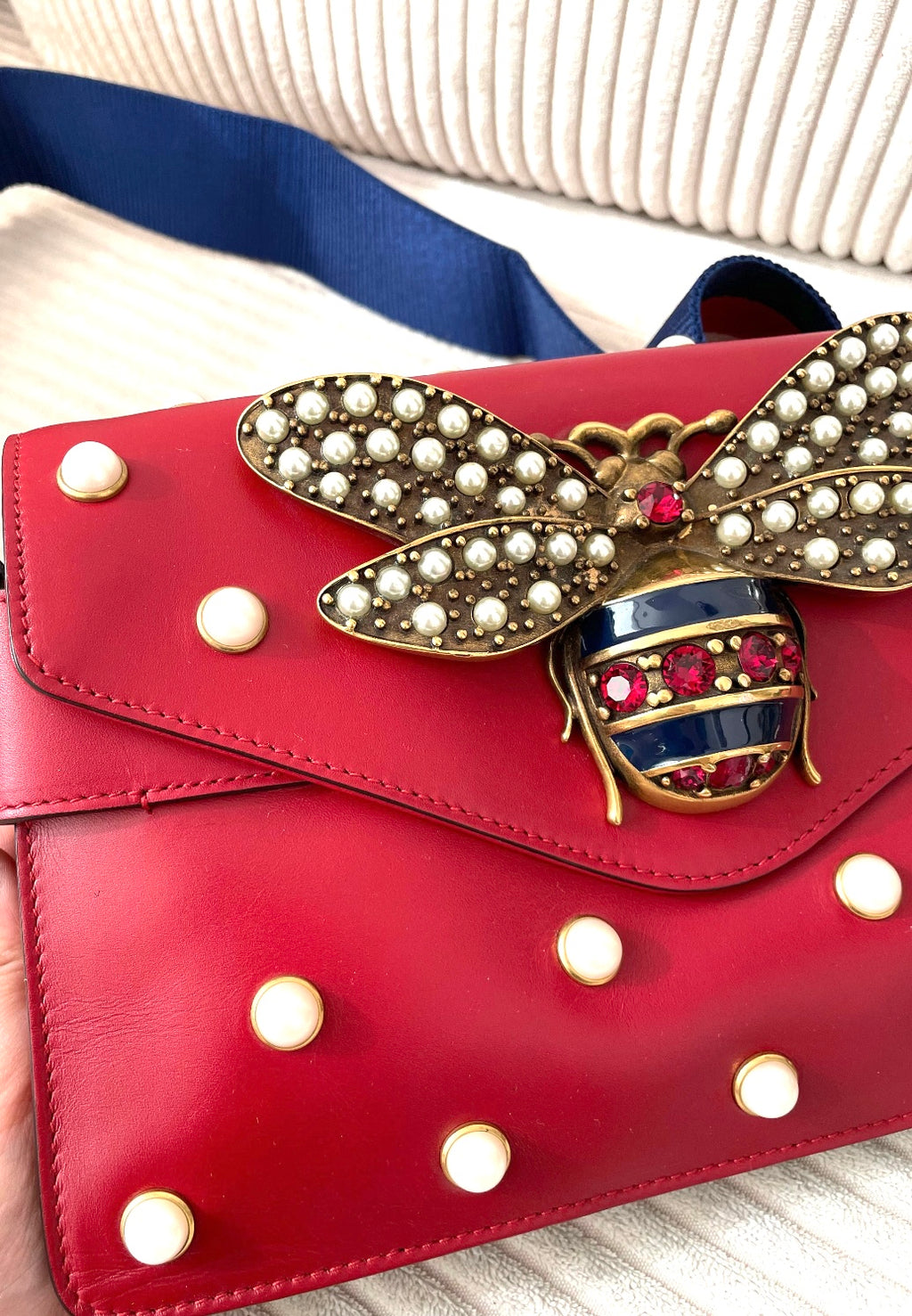 Gucci Broadway Pearly Bee Shoulder Bag Embellished Leather Mini Red.