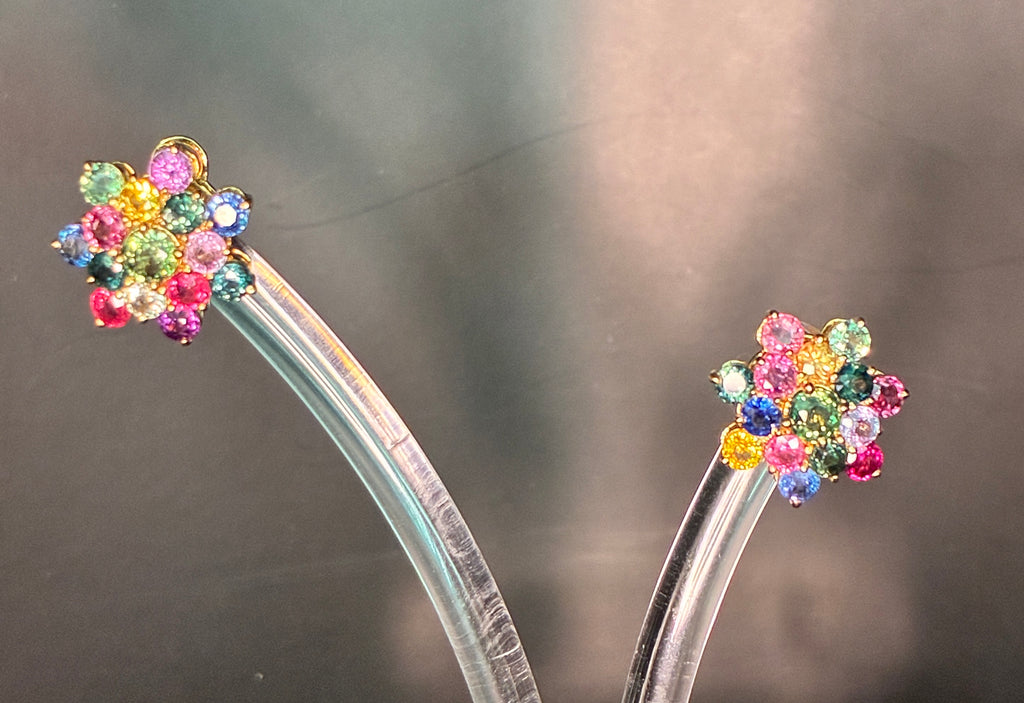Multi Color Sapphire 17K Gold Stud Earring