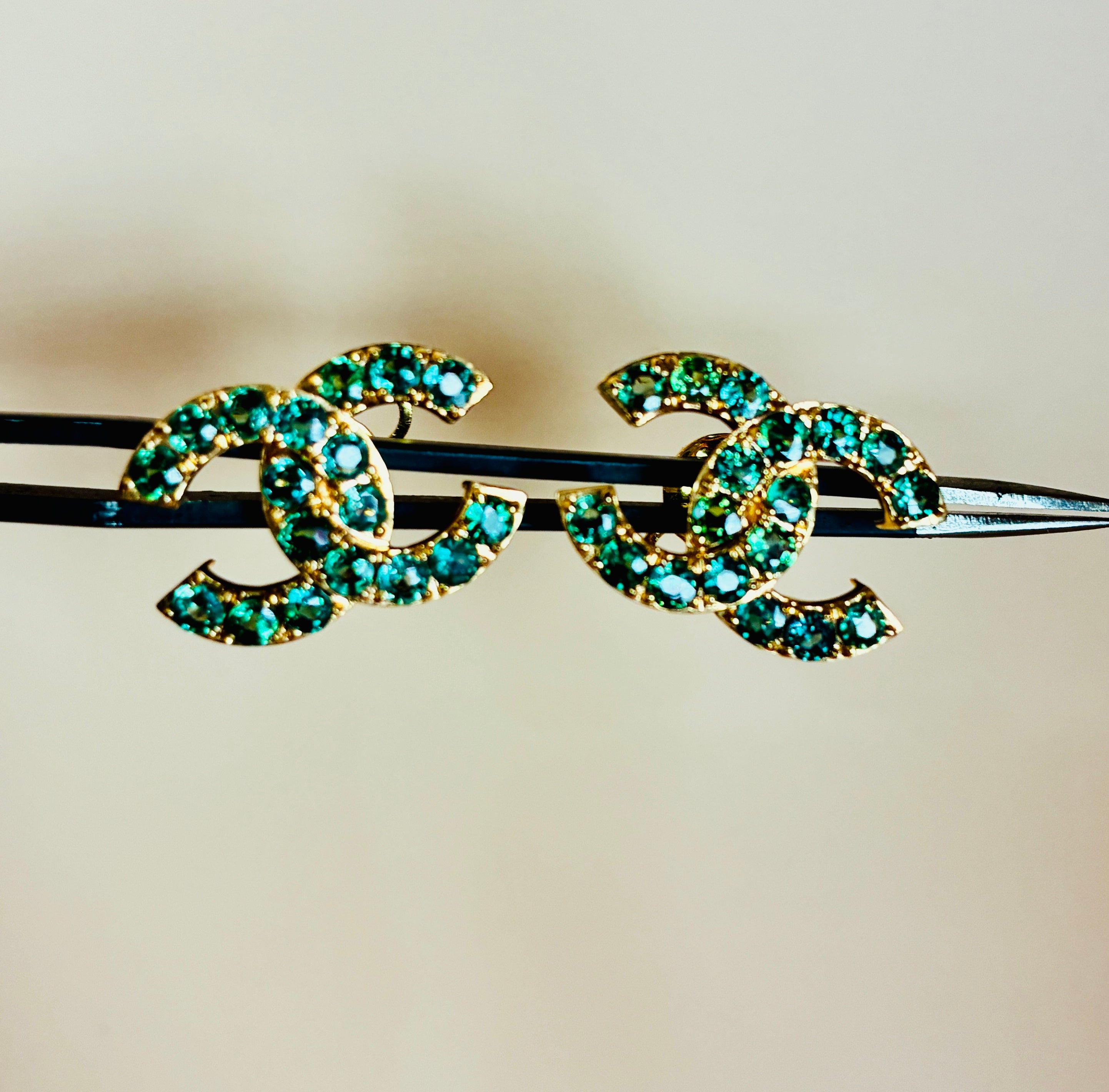 Green Sapphire Chanel Designed Stud Earring 12K Gold.
