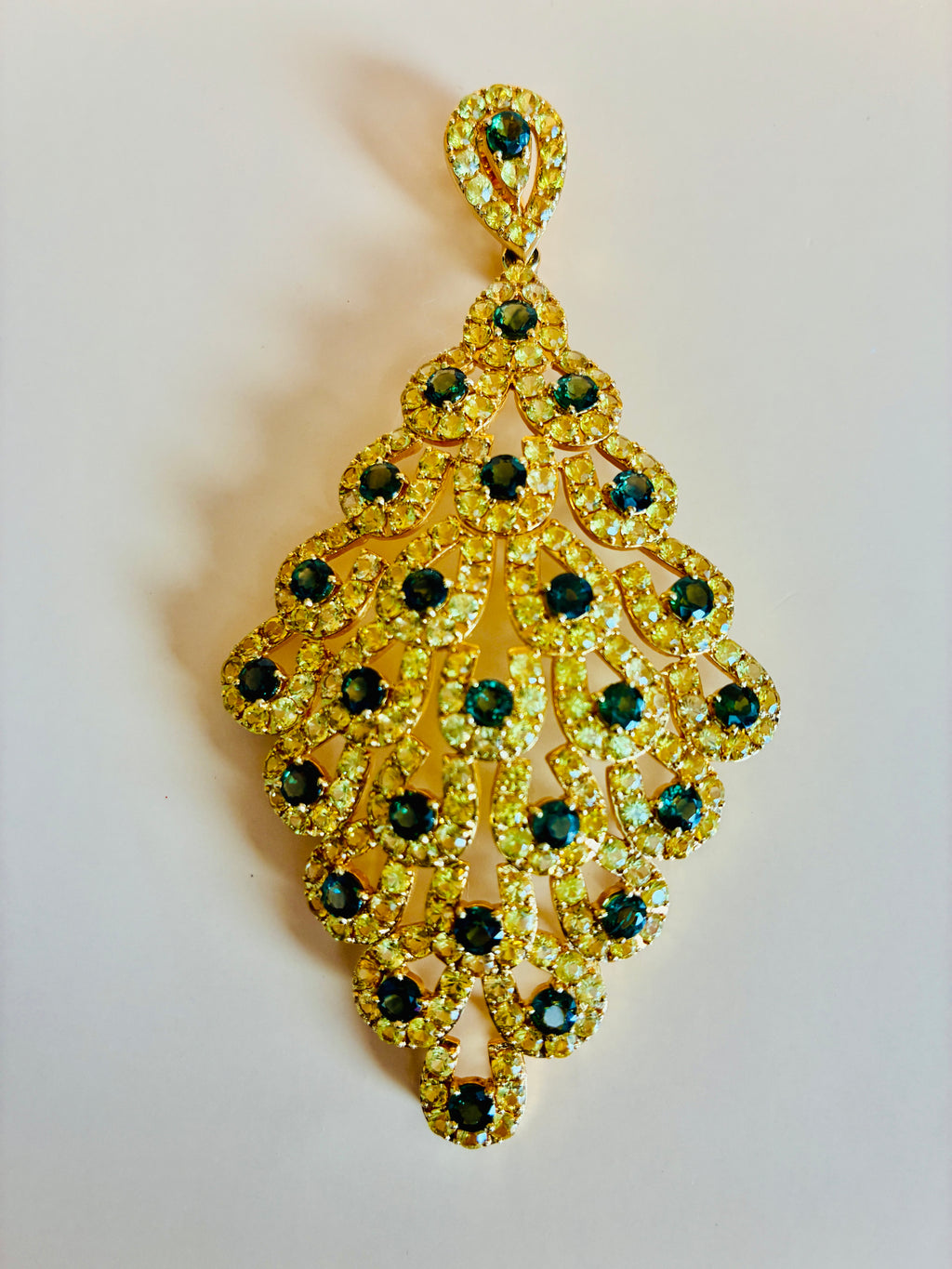 Yellow Sapphire Mix With Green Sapphire 17K Gold Large Size Pendant 4"x2"