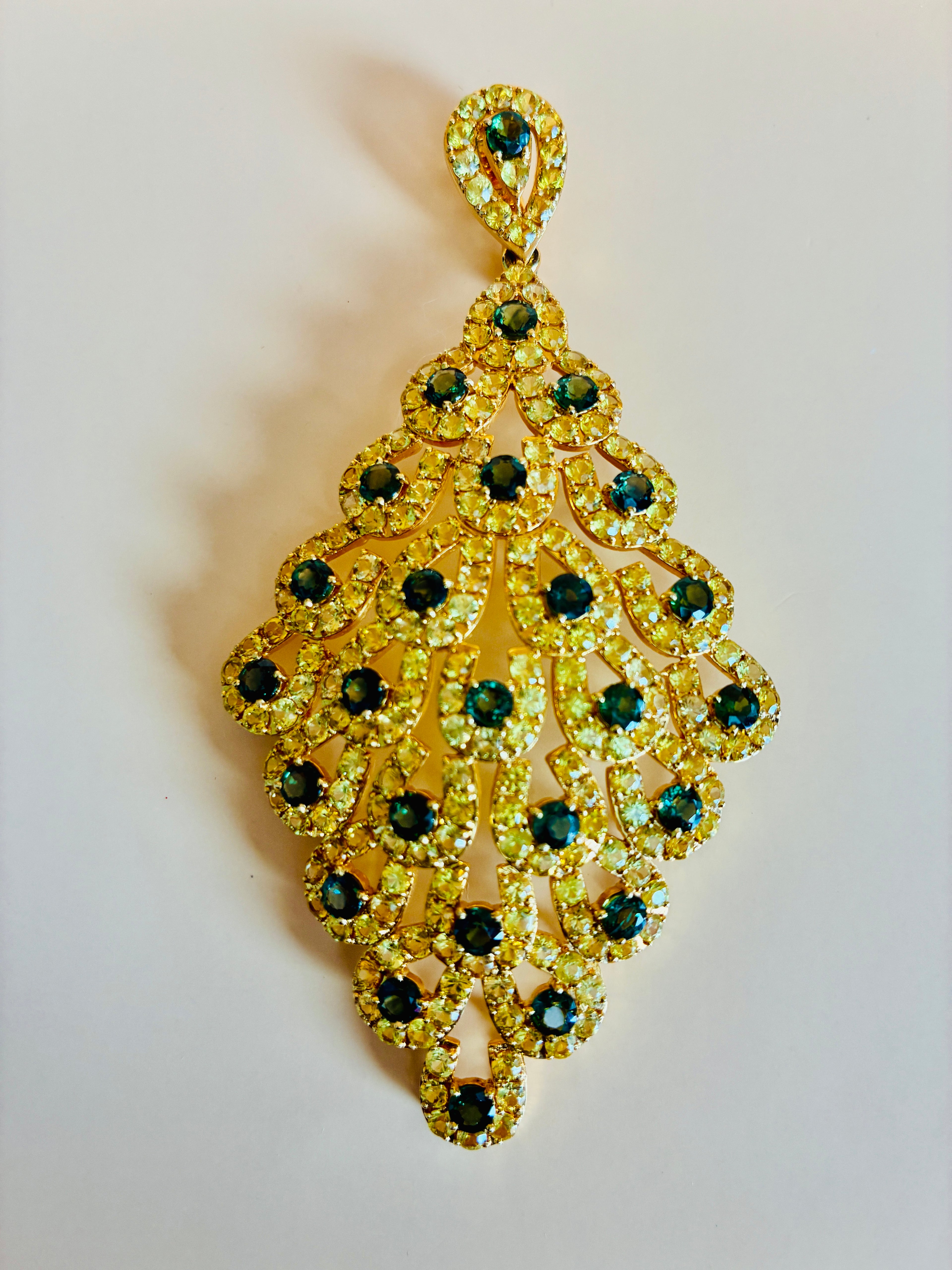 Yellow Sapphire Mix With Green Sapphire 17K Gold Large Size Pendant 4"x2"