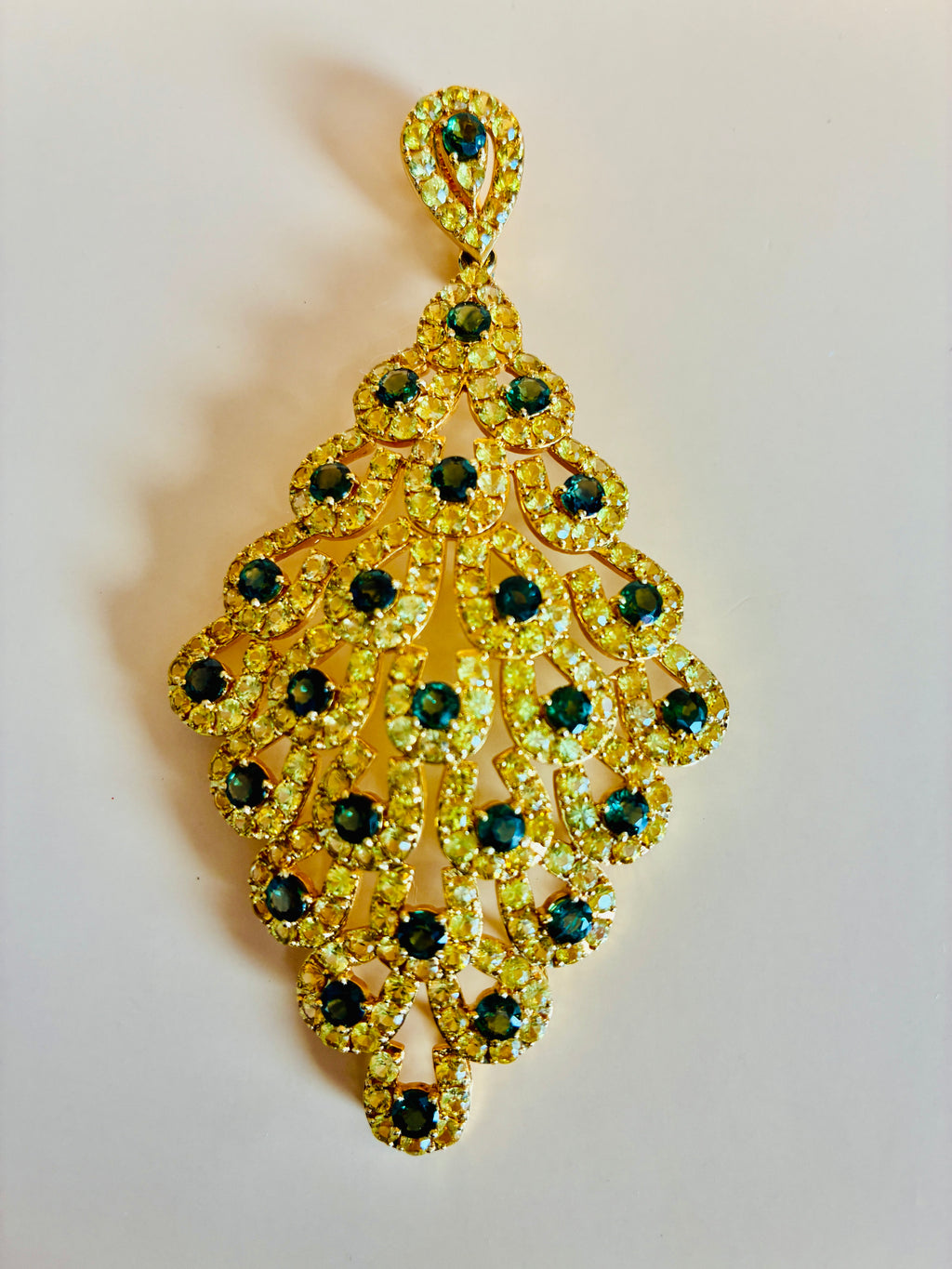 Yellow Sapphire Mix With Green Sapphire 17K Gold Large Size Pendant 4"x2"