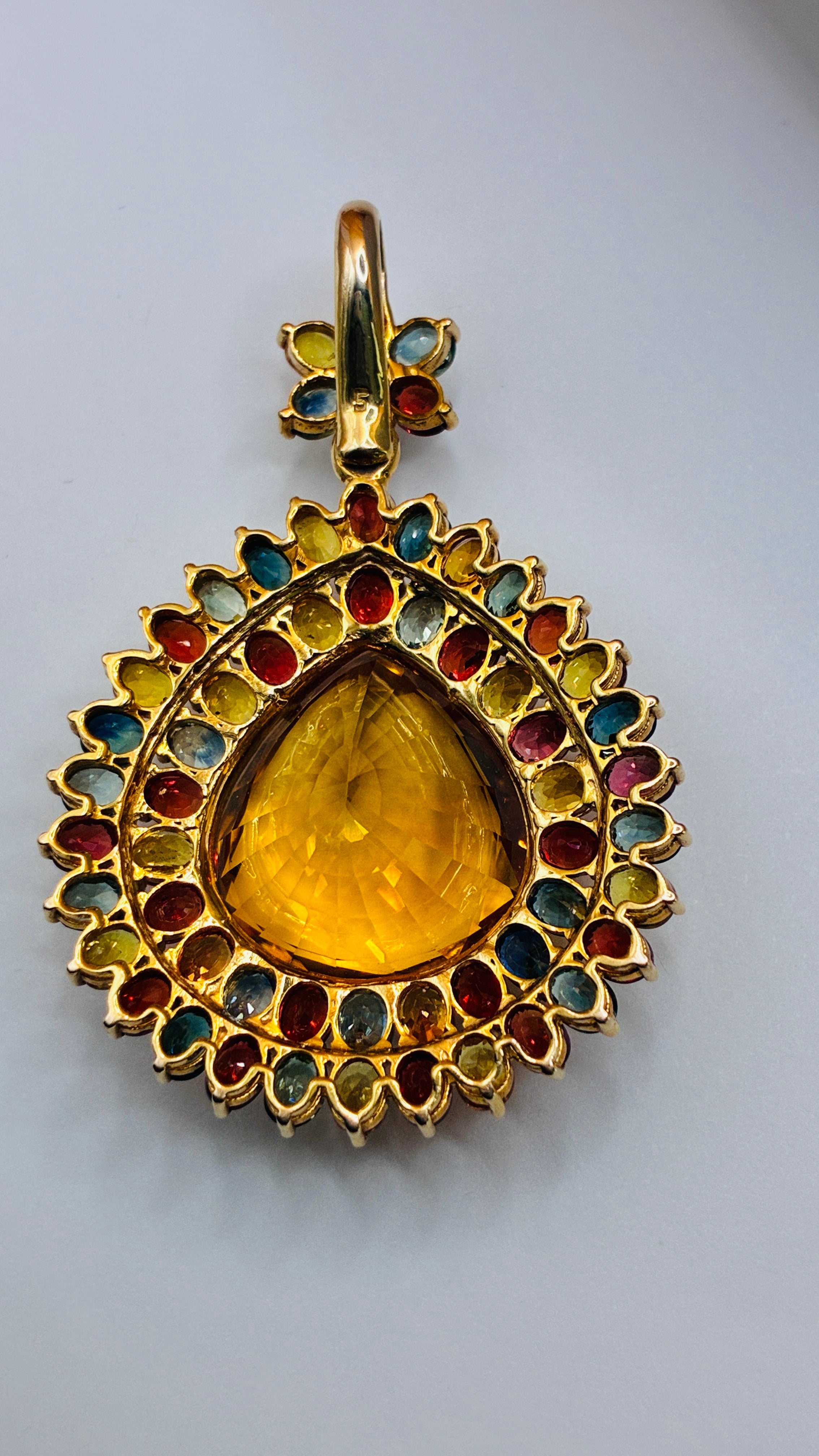 27.30 CT Citrine Mix With Multi Color Sapphire Pendant 2"x1.5" 12K Gold.