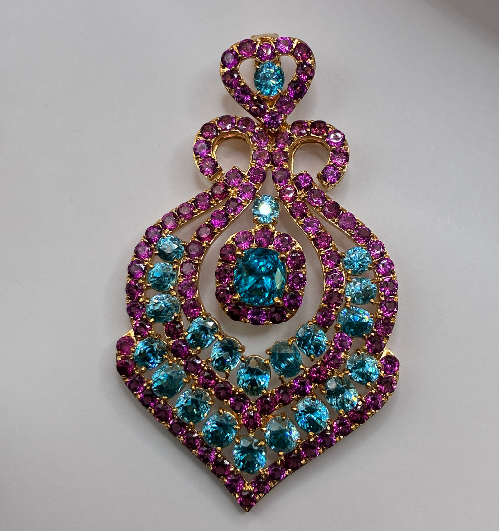 Cambodia Blue Zircon Mix With Purple Garnet Pendant 12K Gold 2.5"x1.5"