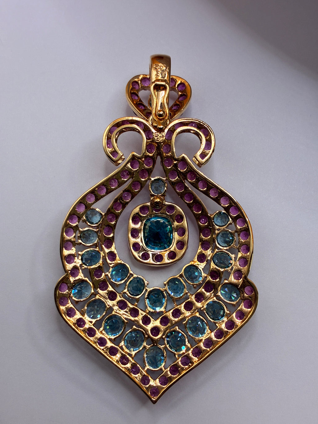 Cambodia Blue Zircon Mix With Purple Garnet Pendant 12K Gold 2.5"x1.5"
