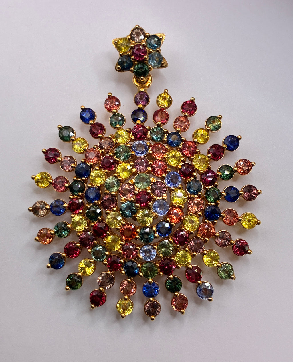 Multi Color Sapphire 17K Gold Pendant Size 2"x 2.1/4".