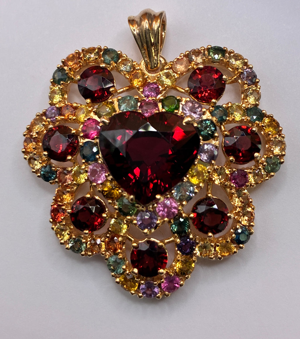 Heart Cut Red Color Garnet 8.86 CT Mix With Multi Color Sapphire 12K Gold Pendant
