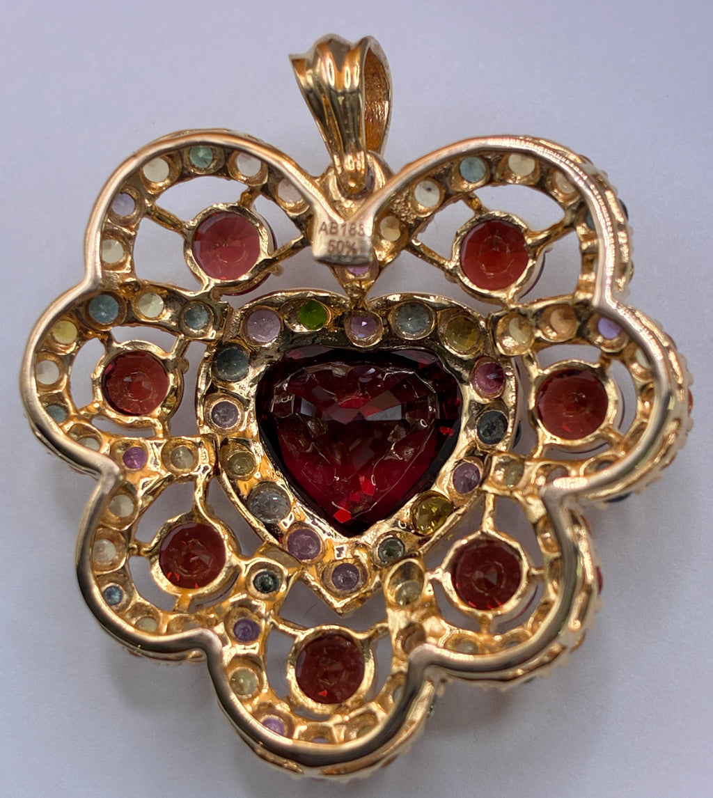 Heart Cut Red Color Garnet 8.86 CT Mix With Multi Color Sapphire 12K Gold Pendant