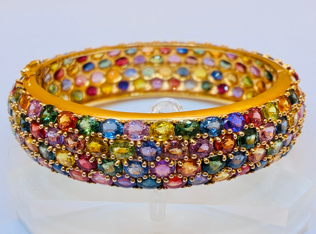 Multi Color Round Cut Sapphire 17K Gold Bracelet Size 6.