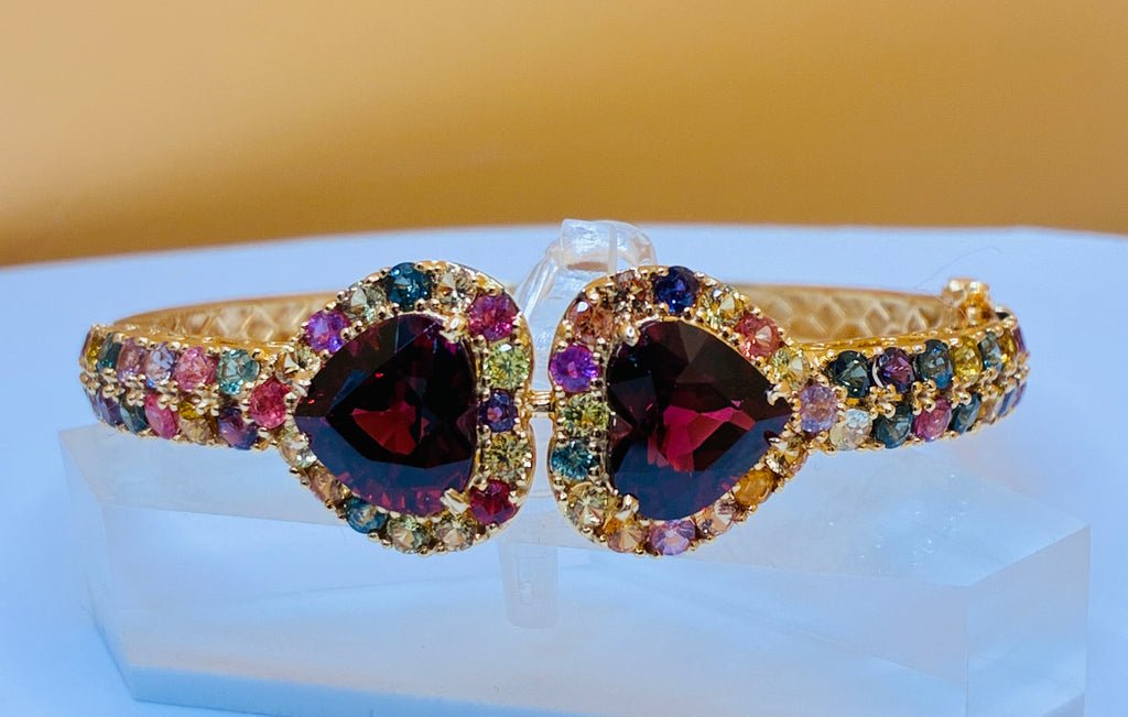 9.78 CT Red Garnet Heart Cut Mix With Multi Color Sapphire 12K Gold Bangle Bracelet. Size 6.