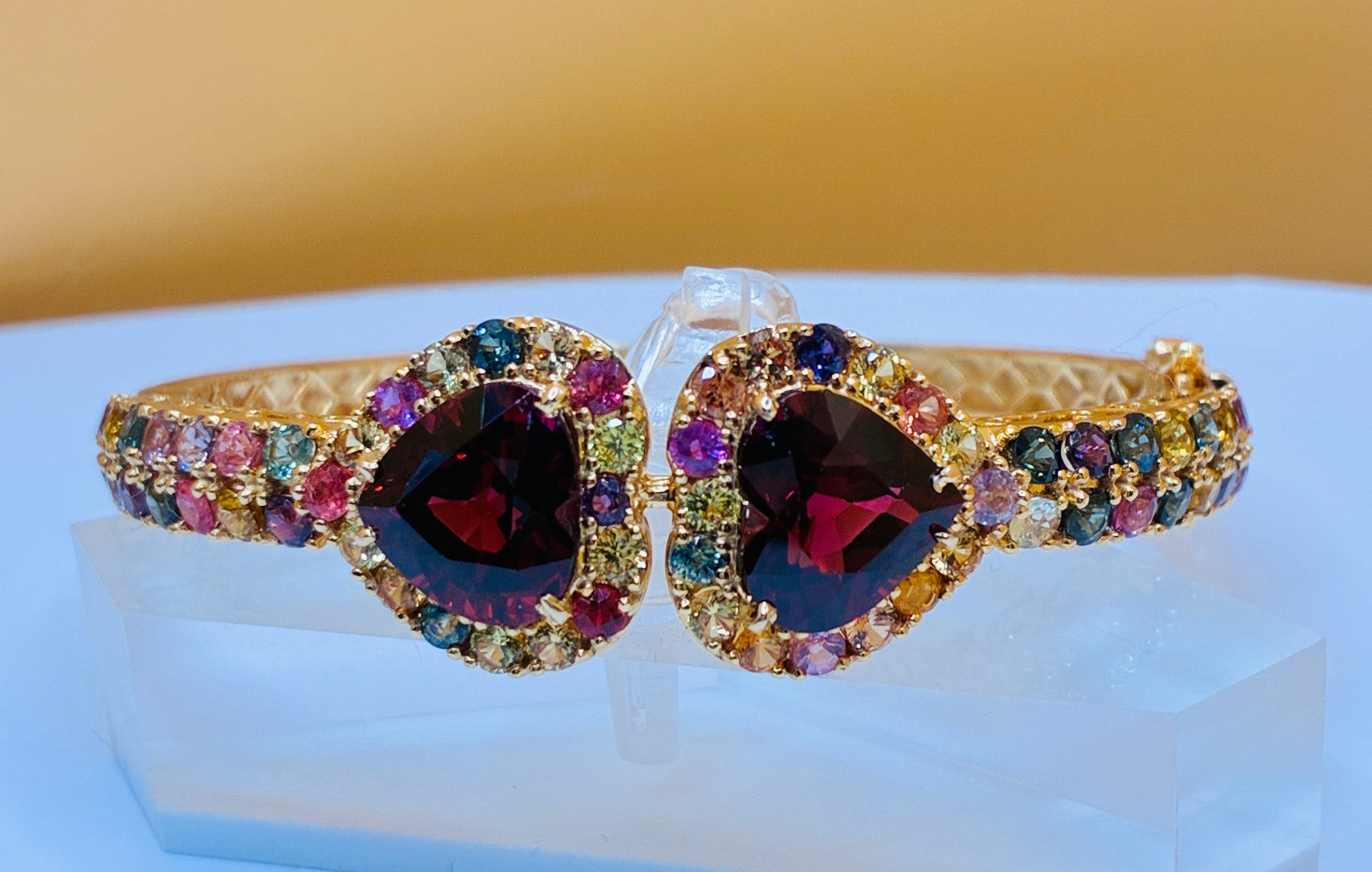 9.78 CT Red Garnet Heart Cut Mix With Multi Color Sapphire 12K Gold Bangle Bracelet. Size 6.