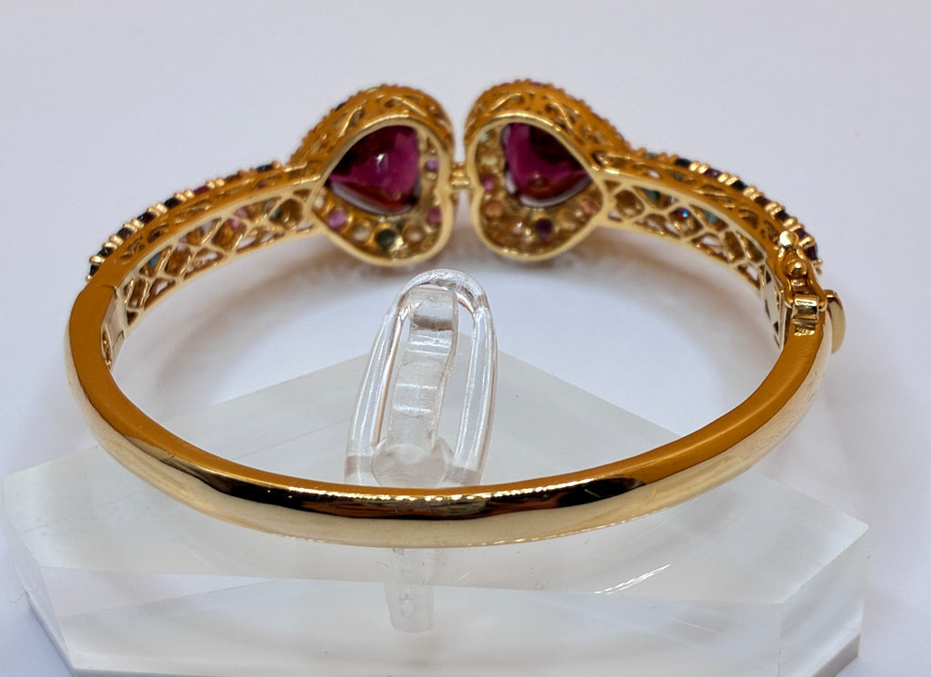 9.78 CT Red Garnet Heart Cut Mix With Multi Color Sapphire 12K Gold Bangle Bracelet. Size 6.