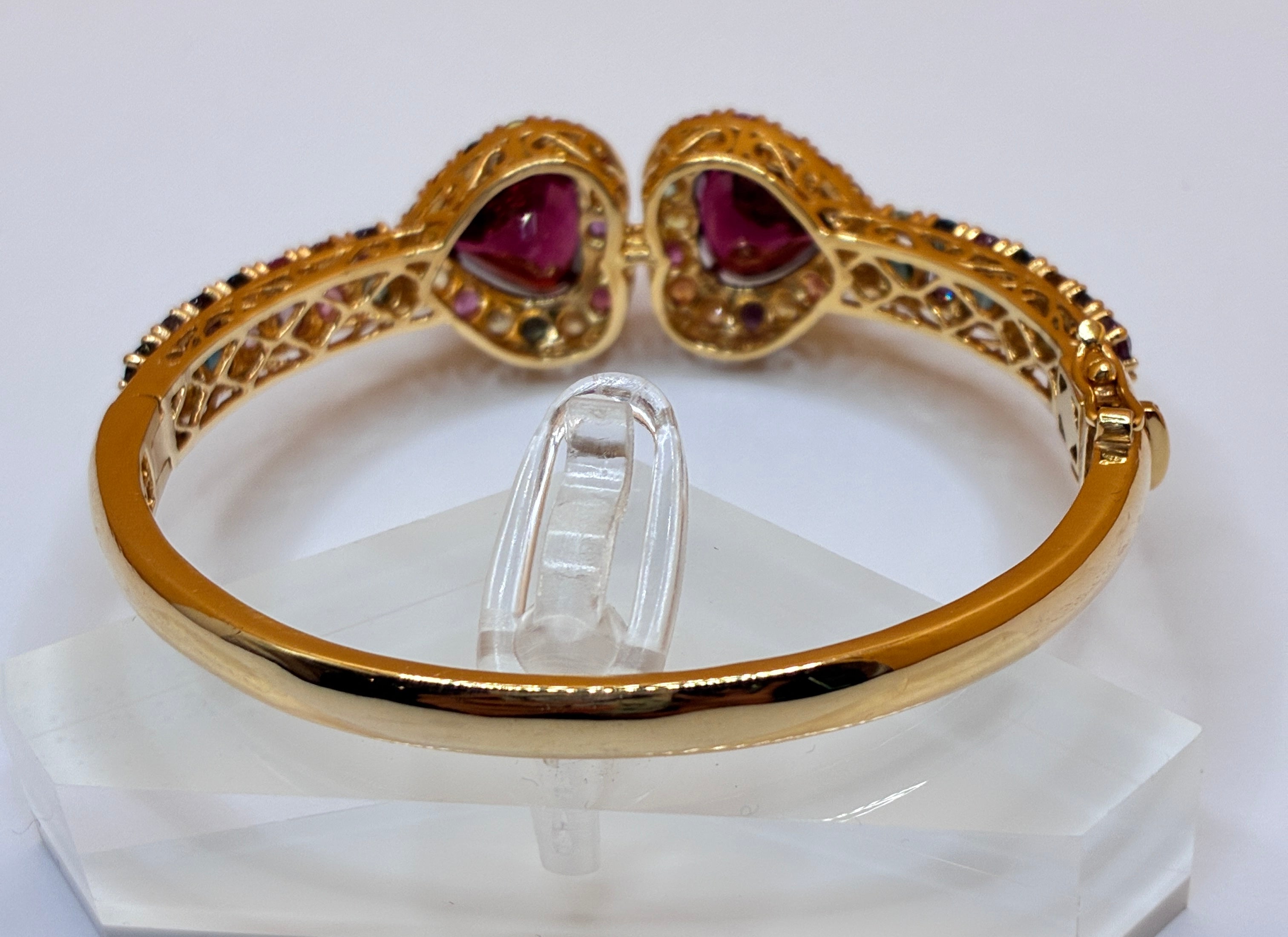 9.78 CT Red Garnet Heart Cut Mix With Multi Color Sapphire 12K Gold Bangle Bracelet. Size 6.