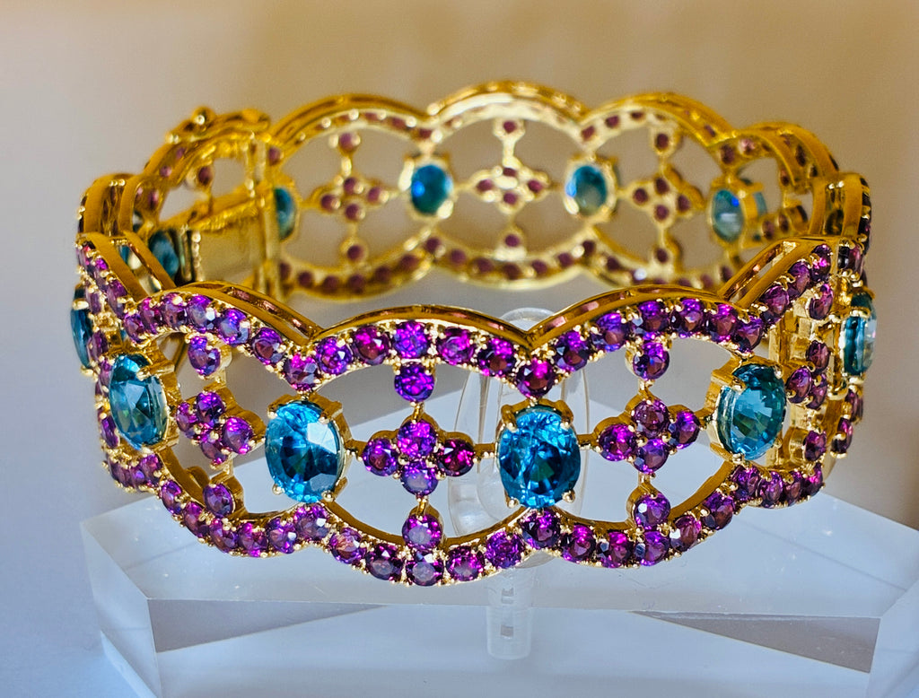 Cambodia Blue Zircon Mix With purple/Pink Garnet Bracelet Size 6.5 12K Gold.