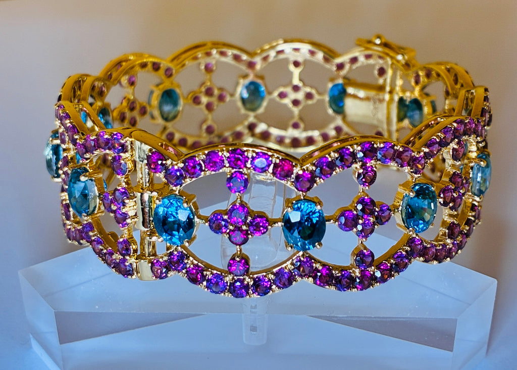 Cambodia Blue Zircon Mix With purple/Pink Garnet Bracelet Size 6.5 12K Gold.