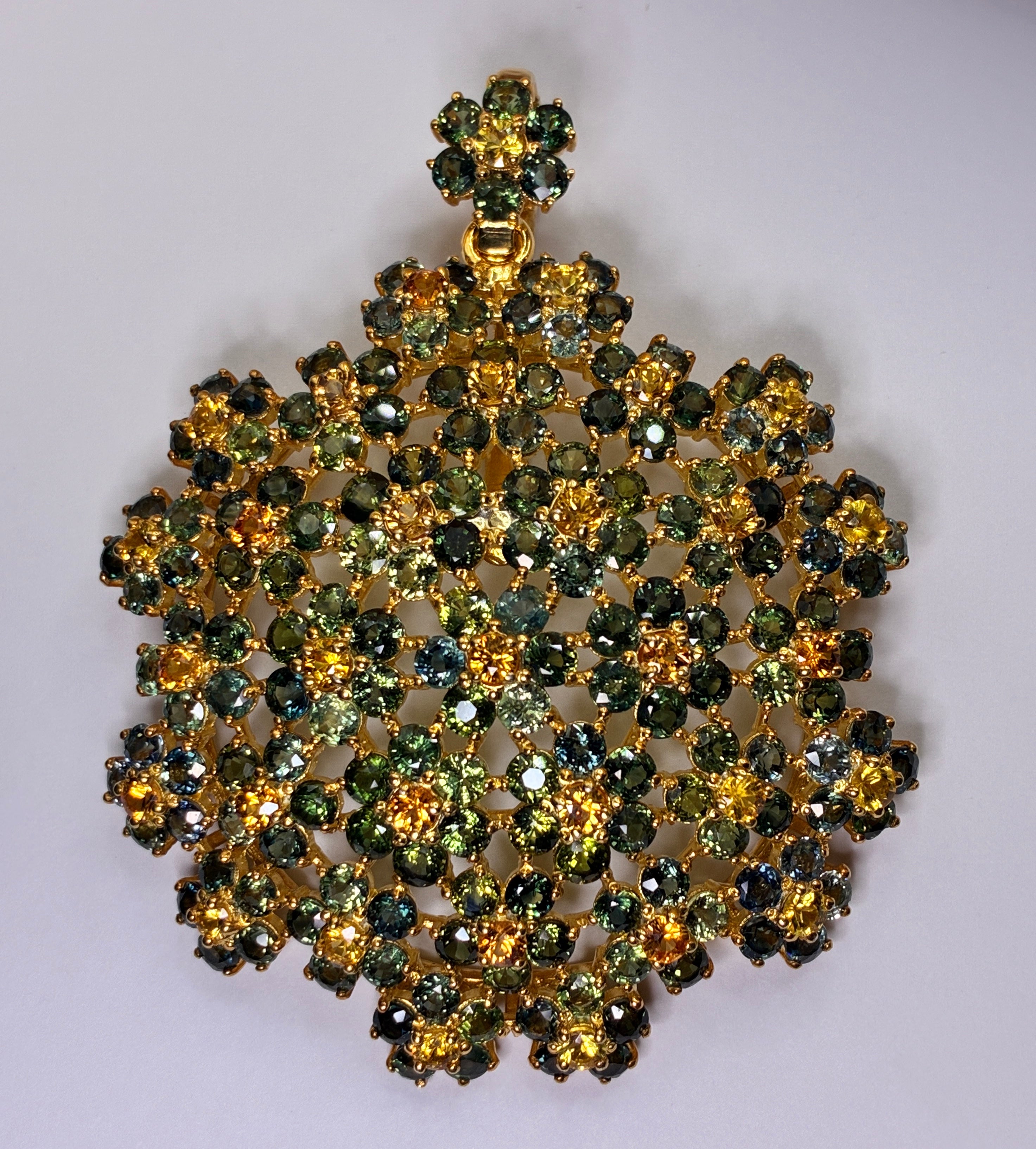 Brilliant Clarity Green And Yellow Sapphire And Green Sapphire Gold Plated Pendant.Size 2.5"x2"