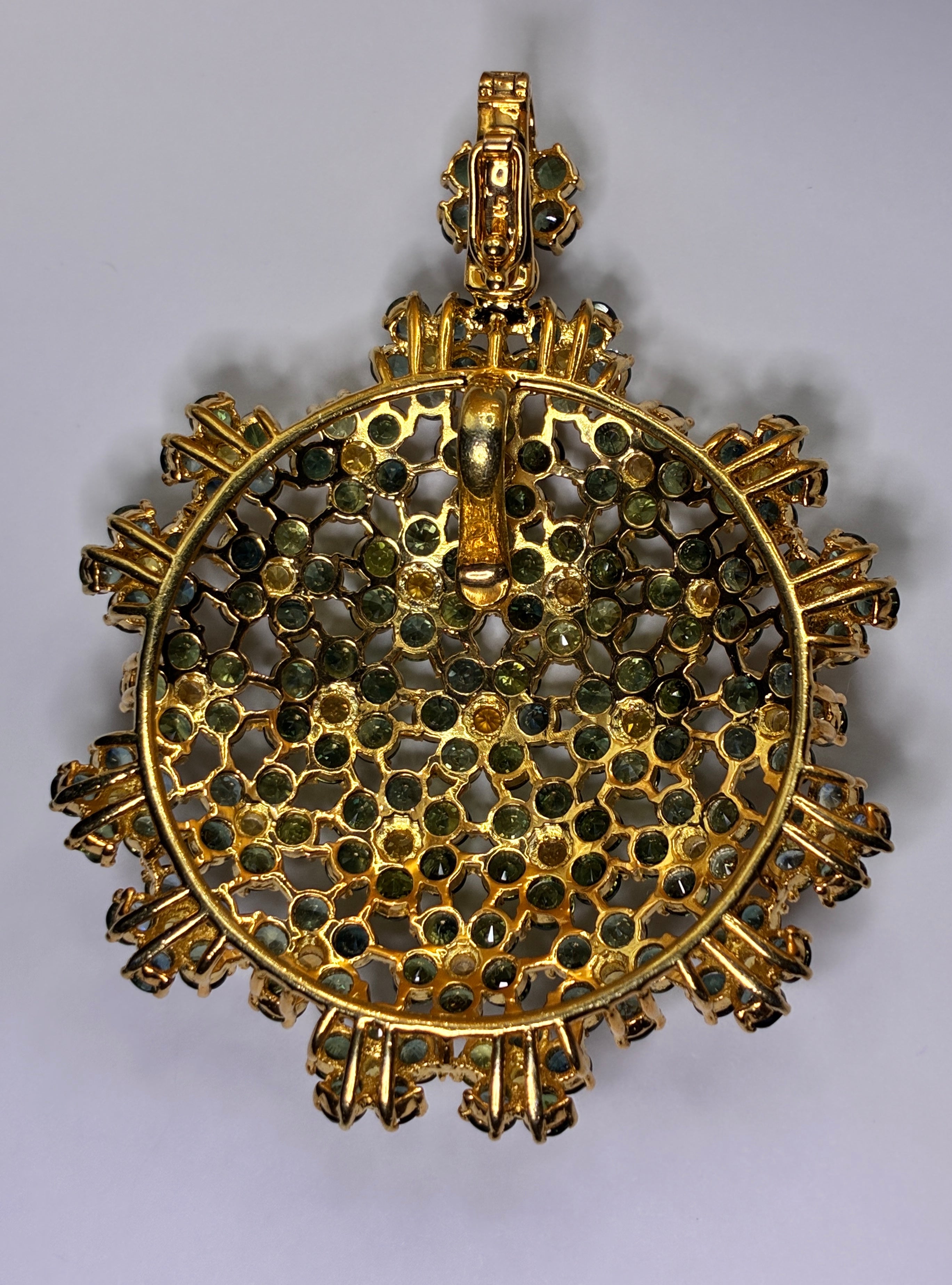 Brilliant Clarity Green And Yellow Sapphire And Green Sapphire Gold Plated Pendant.Size 2.5"x2"