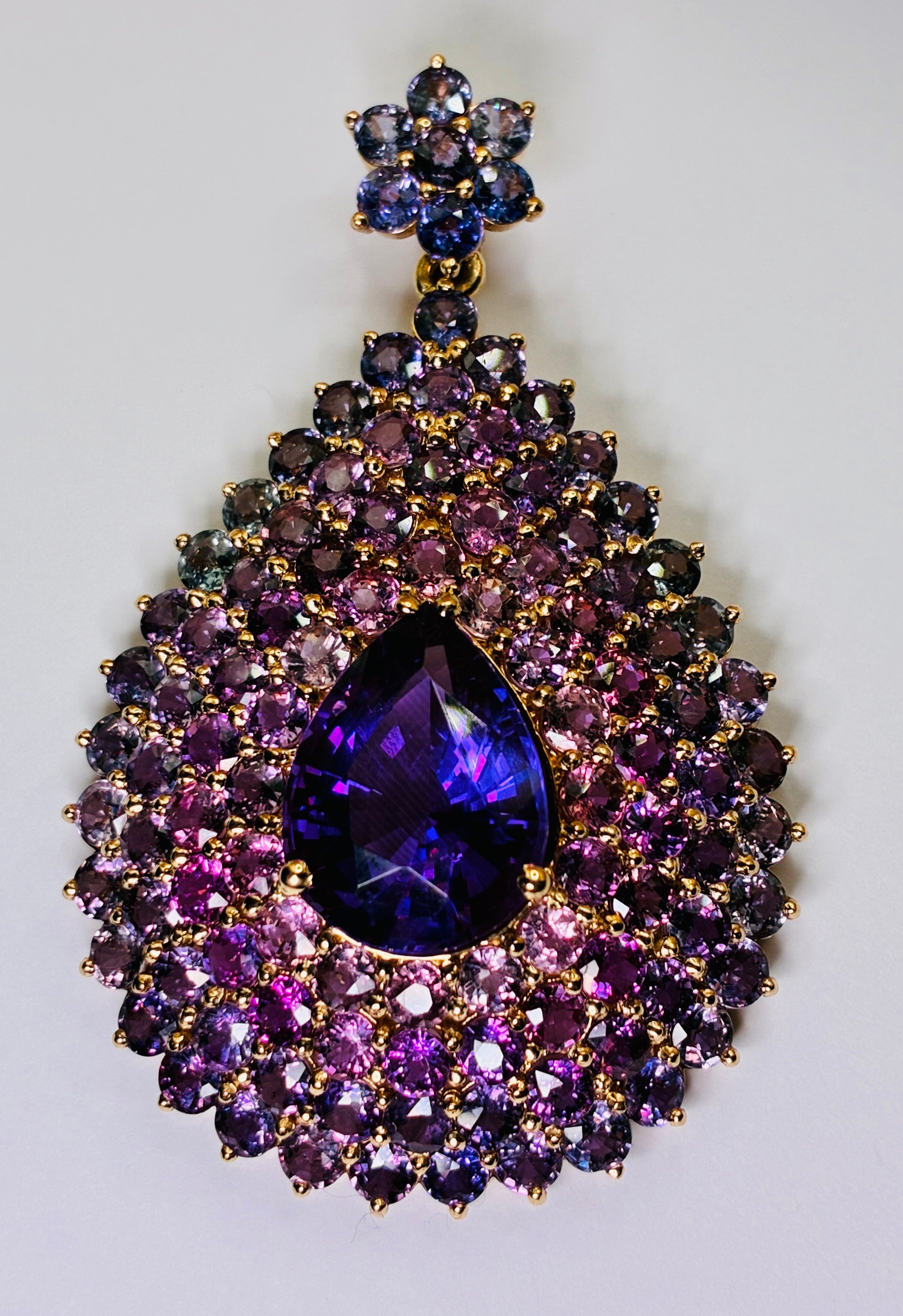 Amethyst 8.35 CT Mix With Brilliant Clarity Multi Color Sapphire Pendant Link 2.1/4"x1.5" 18K Gold.