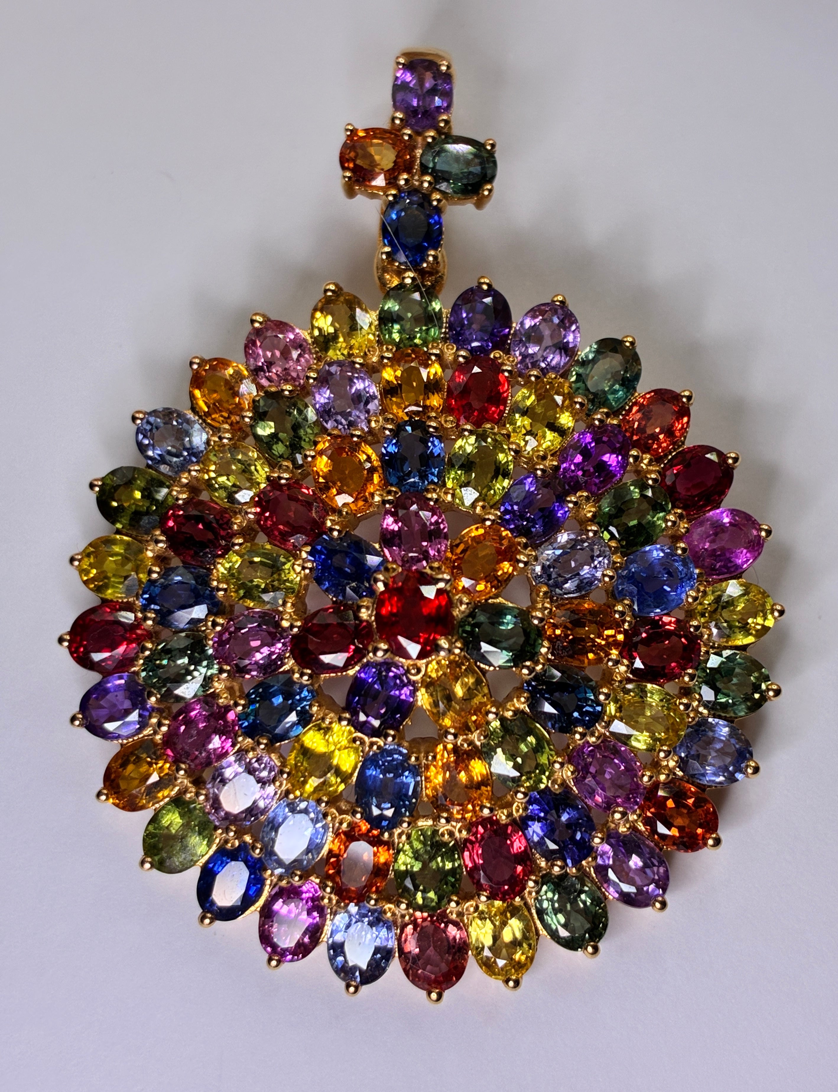 Brilliant Clarity Multi Color Sapphire 17K Gold Pendant Size 1.3/4x2.1/4"