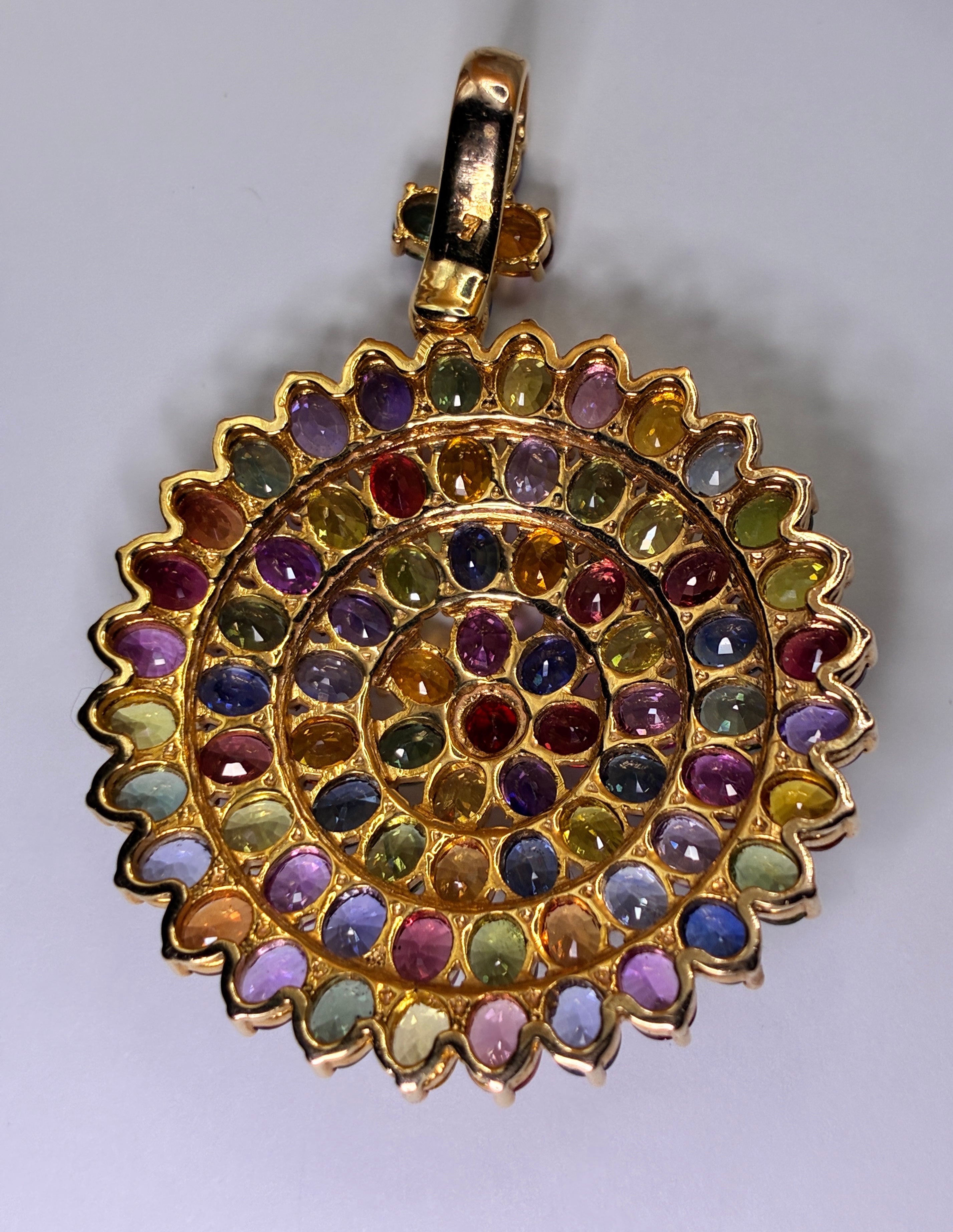 Brilliant Clarity Multi Color Sapphire 17K Gold Pendant Size 1.3/4x2.1/4"