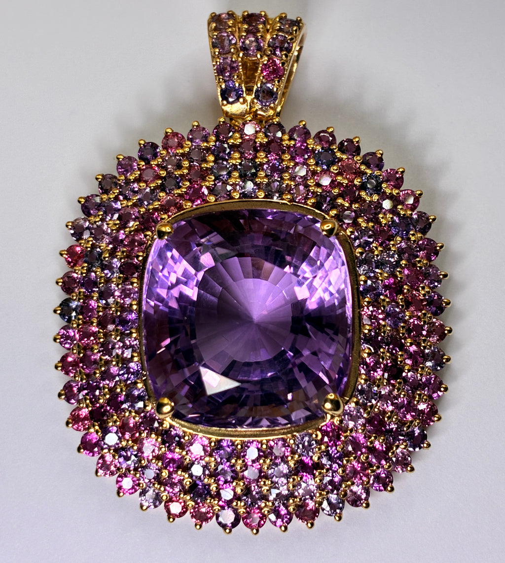 36.60CT Amethyst Mix With Multi Color Sapphire 12K Gold Pendant.