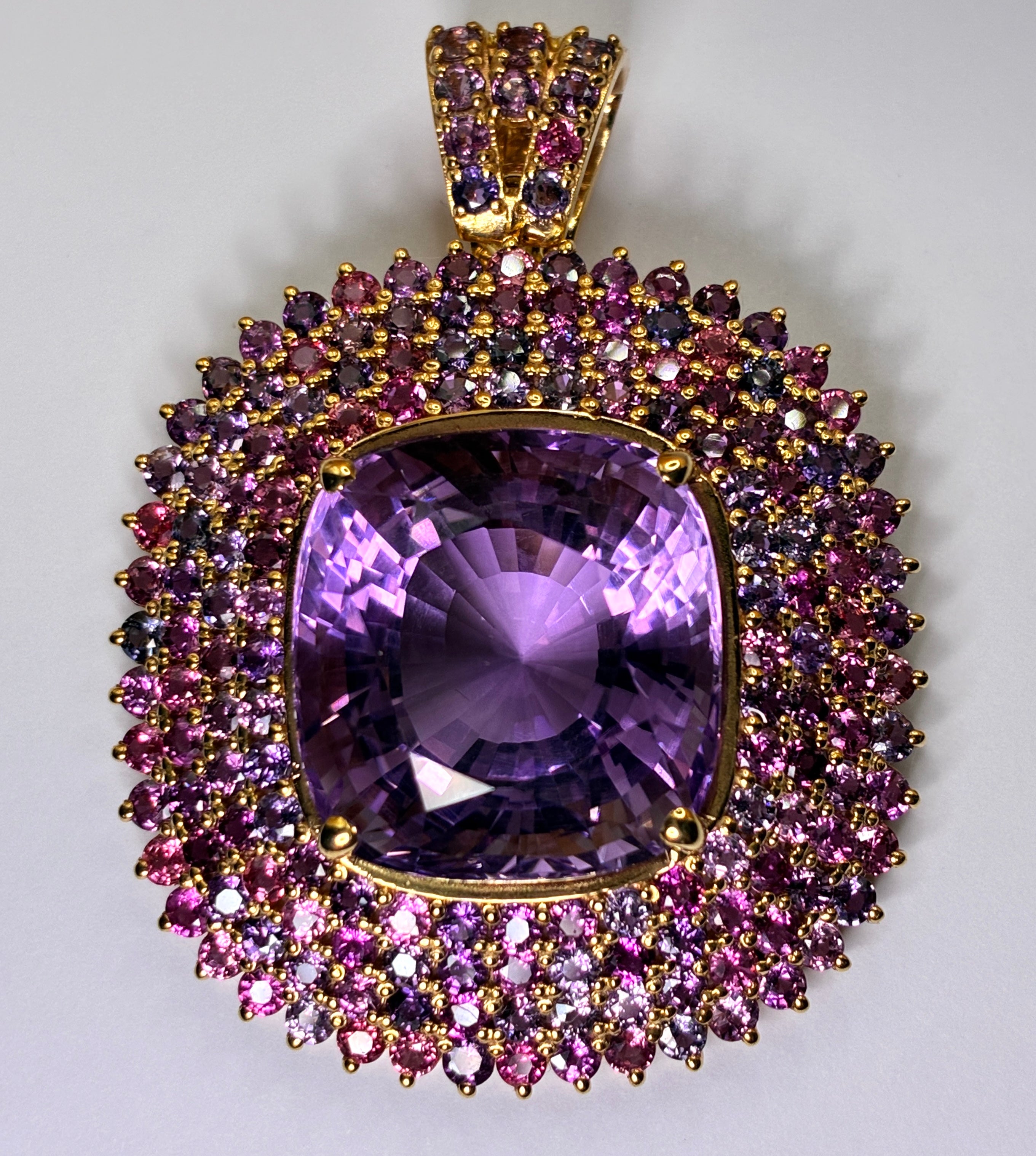 36.60CT Amethyst Mix With Multi Color Sapphire 12K Gold Pendant.